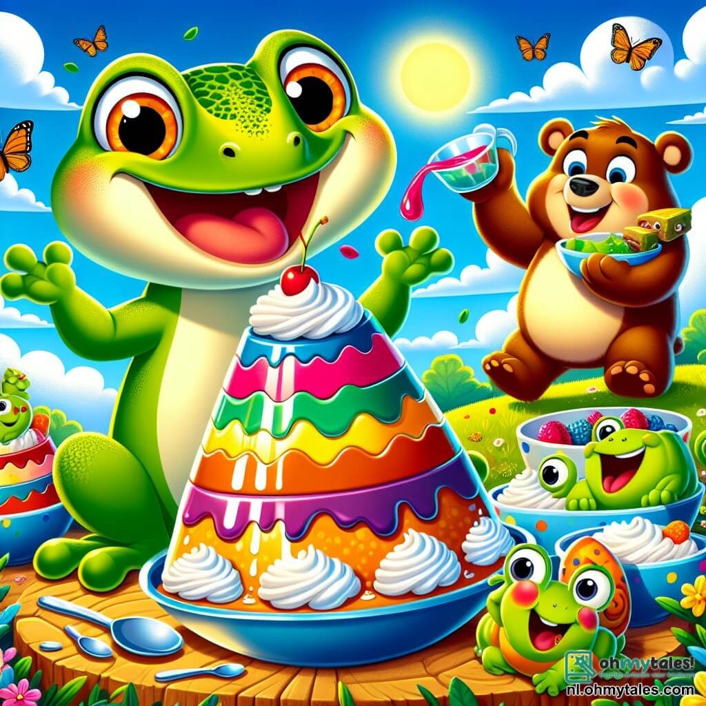 Gijs de gekko, met zijn stralende groene huid en grote ronde ogen, springt van blijdschap met een grote glimlach op zijn gezicht terwijl hij een hoge toren van pudding met kleurrijke lagen bouwt. Kiki de kikker, met haar groene huid en gele vlekken, staat naast hem en giet kersensaus over de toren, haar gezicht straalt van opwinding. Boris de beer, groot en harig met een bruine vacht, lacht terwijl hij een enorme kom pudding vasthoudt, klaar om erin te duiken, met een blije en vrolijke uitdrukking. Suus de slak, met haar kleurrijke spiraalschelp, kijkt met een ondeugende glimlach terwijl ze een klein puddingtje in haar kleine pootjes vasthoudt. De scène speelt zich af in een zonnige tuin, vol kleurrijke bloemen en groene bomen, met vlinders die om hen heen fladderen. De vrienden zijn omringd door kommen, lepels en slagroom, wat een vrolijke en speelse sfeer creëert terwijl ze zich vermaken met het bouwen van de grootste en grappigste pudding.