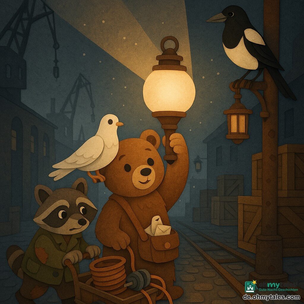 Brumm, ein junger anthropomorpher Braunbär mit weichem Fell und runden Augen, hält entschlossen eine große Messinglampe mit mattiertem Glaskolben und Holzgriff, deren honigfarbiges Licht eine dunkle Stelle an einer Wand durchbricht; links von ihm schiebt Rollo, ein Waschbär in geflickter Jacke, einen Wagen voller Kupferspulen und Werkzeuge, bereit, ein Kabel zu spannen; auf Brumms rechter Schulter sitzt die ruhige, ermutigende Taube Mila mit einer kleinen Tasche und heraushängenden Briefen; über der Gruppe auf einem rostigen Laternenpfahl thront die stolze Elster mit schwarzem‑weißem Gefieder und einer glänzenden Uhrkette und beobachtet die Szene. Ort: Innenraum eines Hafenlagers mit nassem Kopfsteinboden, gestapelten Holzkisten, rostigen Schienen und Kränen im Hintergrund; entlang einer engen Gasse stehen mattglasige Laternen, Staubpartikel schweben in Lichtstrahlen. Hauptsituation: Die warme Lampenbeleuchtung durchdringt eine verschlingende Schattenzone an der Wand, enthüllt Kreidespuren und Fußabdrücke auf dem Boden und erzeugt eine urbane, leicht magische Atmosphäre.