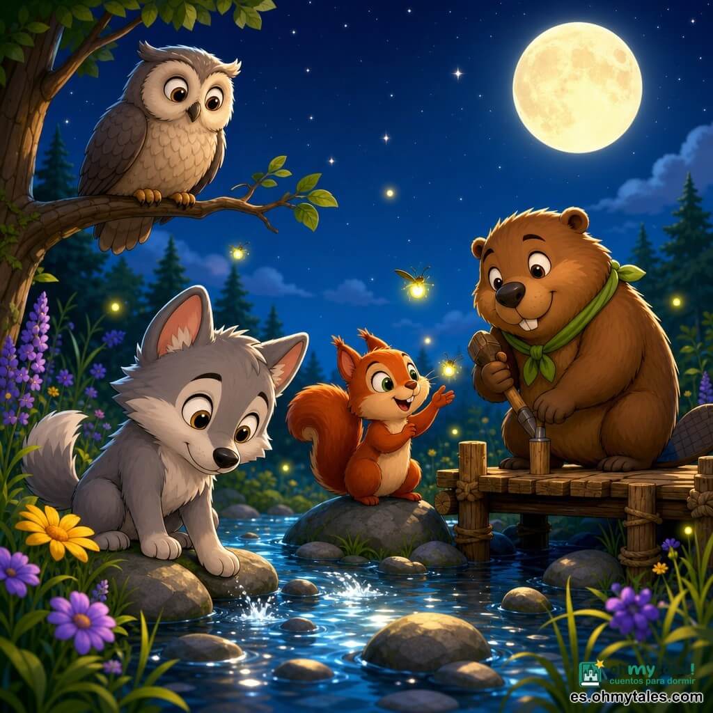 Un pequeño lobo gris claro de pelaje suave y ojos grandes y brillantes, curioso y maravillado, sentado junto al arroyo con la cabeza inclinada hacia el agua; una ardilla rojiza de pelaje esponjoso y cola frondosa, alegre y excitada, sobre una piedra mirando las luciérnagas; un castor marrón, robusto y sonriente, con una bufanda verde, astuto y concentrado, de pie en un embarcadero de madera que construyó sosteniendo una herramienta; un búho gris beige de ojos sabios y plumas suaves, calmado y atento, posado en una rama baja observando la escena; el arroyo claro entre piedras lisas con reflejos plateados y pequeñas salpicaduras, hierbas altas y flores silvestres, luciérnagas amarillas flotando; noche suave con luna llena brillante y cielo azul profundo estrellado, ambiente mágico y apacible; escena centrada en los pequeños aventureros escuchando el canto del arroyo, luz lunar en sus rostros, expresiones visibles, colores cálidos y contraste nítido, estilo infantil y acogedor.