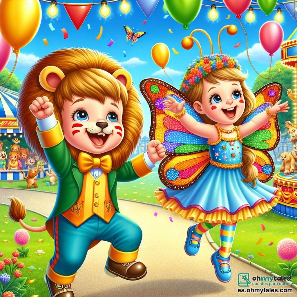 Un niño de 2 años, llamado Pablo, está disfrazado de león con una gran melena dorada y una sonrisa radiante. Salta de alegría, con los brazos en alto, rodeado de colores vivos y globos flotantes. A su lado, su mejor amiga Clara, una niña de 3 años, viste un disfraz de mariposa con alas multicolores que brillan al sol. Ella baila alegremente, como si volara. El escenario es un parque animado, lleno de puestos de carnaval decorados con guirnaldas coloridas, juegos y risas de niños. Los árboles verdes bordean el camino y globos flotan en el cielo azul. Pablo lanza un aro hacia una botella, con Clara animándolo. La emoción y la alegría del evento se sienten en el aire, creando una atmósfera festiva y mágica.