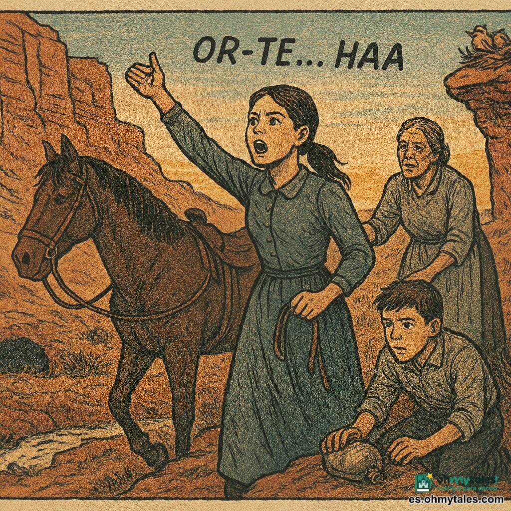 Joven (Lucía), decidida y concentrada, rostro con polvo, cabello castaño recogido en coleta, ojos grandes mirando al horizonte; de pie en un promontorio rocoso, sujetando la brida de su yegua Mora con una mano y levantando la otra gritando "OR‑TE… HAA", postura erguida y enérgica. Niño (Tomás), ~13 años, inquieto pero valiente, sigue a Lucía en segundo plano, agachado para sacar una vieja cantimplora semienterrada en el barro a pocos pasos. Mujer adulta (Jacinta), 40–50 años, rostro marcado pero aliviado, delantal arrugado y cabello canoso en moño, apoyada en el brazo de Lucía mientras avanzan hacia el promontorio. Hombre adulto (Don Emilio), 50–60 años, robusto, bigote gris y sombrero de vaquero, aparece a lo lejos con dos vaqueros a caballo en el horizonte del rancho respondiendo al grito. Lugar: cañón árido al atardecer, paredes rojizas, hierbas secas, arroyo lodoso abajo y una pequeña cueva; un nido de halcón con dos polluelos en una cornisa. Situación: momento dramático y crucial — Lucía convoca desde el promontorio mientras el viento levanta polvo y cintas, Mora clava los cascos en la piedra y los ecos se responden desde el rancho; tensión con esperanza. Estilo gráfico: dibujo lineal sobre papel de periódico, texturas granulosas, paleta cálida (ocre, óxido, azul petróleo para sombras), contrastes fuertes y hachurado para sombras, énfasis en expresiones y posturas dinámicas.