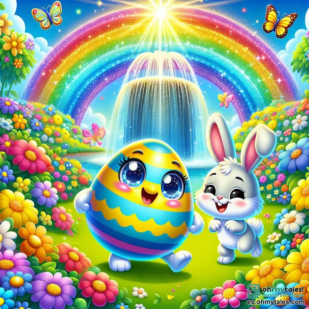 Un pequeño huevo colorido llamado Huevito, con rayas azules y amarillas brillantes, está en el centro de la imagen, sonriendo con ojos chispeantes de alegría, saltando de felicidad en un jardín lleno de flores. A su lado, un adorable conejito blanco llamado Conejito, con grandes orejas y una cara amigable, mira a Huevito con una sonrisa entusiasta, listo para ayudarlo en su búsqueda. Al fondo, una magnífica fuente de agua brillante con colores del arcoíris brota entre flores deslumbrantes, creando una atmósfera mágica y alegre. La escena muestra a Huevito y Conejito buscando huevos escondidos, rodeados de flores coloridas y mariposas en un jardín soleado, simbolizando el espíritu de la fiesta de Pascua.