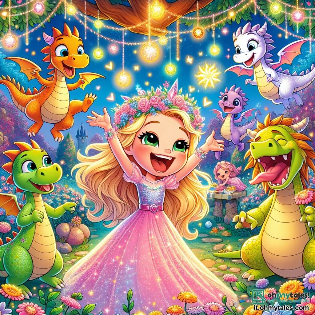 Una principessa felice, Amelia, di circa 10 anni, con lunghi capelli dorati e un vestito scintillante rosa pastello, danza con un grande sorriso, circondata da draghi. Rufus, un drago divertente con un naso a trombetta e scaglie verdi, è accanto a lei, ridendo e sputando piccole fiamme colorate. Serafina, una drago con scaglie argentate, vola sopra di loro, cantando gioiosamente, con le sue ali brillanti che catturano la luce del sole. La scena si svolge in un giardino incantato, pieno di fiori multicolori che danzano nel vento, con un grande albero dai fogliami sgargianti sullo sfondo. Luci scintillanti pendono dai rami, creando un'atmosfera festosa. Amelia e i suoi amici draghi stanno preparando una grande festa, ridendo e divertendosi insieme, mentre le stelle iniziano a comparire nel cielo blu.
