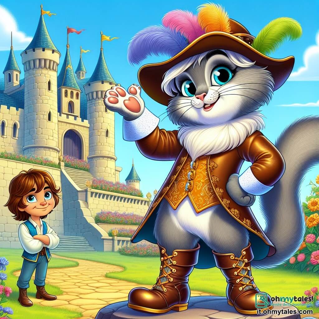 Il Gatto con gli Stivali, un felino elegante con pelo setoso e occhi scintillanti, indossa stivali lucenti e un cappello con piume colorate. Sorride maliziosamente mentre si erge fiero su una pietra, alzando una zampa come per salutare il pubblico. Accanto a lui, Tommaso, un ragazzo di circa 12 anni con capelli castani in disordine e vestiti semplici ma puliti, guarda il Gatto con ammirazione. Si tiene leggermente in disparte, con le braccia incrociate e un'espressione di curiosità e meraviglia. La scena si svolge davanti a un maestoso castello di pietra, con torri slanciate e bandiere che sventolano al vento. Fiori colorati bordano il sentiero che porta all'ingresso, e un cielo blu splendente illumina l'intera scena. Il Gatto e Tommaso si preparano a entrare nel castello per incontrare il re, simboleggiando l'inizio della loro grande avventura. Il Gatto, con un atteggiamento sicuro, sembra pronto a conquistare il mondo, mentre Tommaso, un po' nervoso ma emozionato, si appresta a scoprire il suo nuovo destino.
