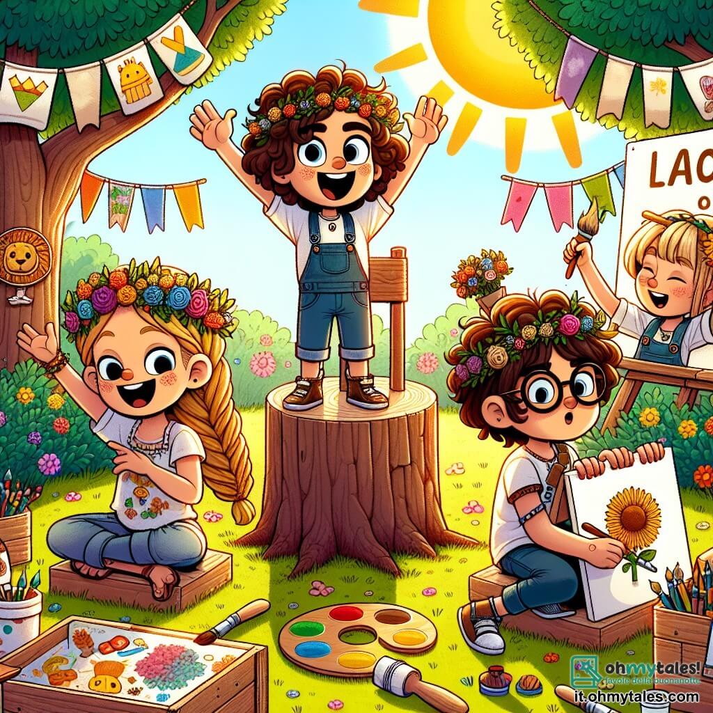 Un ragazzo di 9 anni, Marco, con capelli castani e ricci, indossa occhiali rotondi e una maglietta colorata. Sorride ampiamente, pieno di entusiasmo, mentre sta in piedi su un tronco di legno, alzando le braccia per annunciare l'inizio del torneo. Accanto a lui, la sua migliore amica Giulia, una ragazza di 9 anni con lunghi capelli biondi intrecciati, indossa una corona di fiori e ride felicemente, tenendo un grande cartello decorato per il torneo. Leo, un ragazzo di 9 anni con occhiali spessi e un cappellino al contrario, esce da una scatola di cartone, con un'espressione un po' confusa ma divertita, mentre Sara, una ragazza di 9 anni con occhiali da sole e un grembiule da pittura, è seduta a terra a dipingere trofei colorati. 

Lo scenario è un giardino soleggiato, pieno di fiori colorati e festoni fatti a mano, con un grande albero al centro dove è installato un trono di legno. 

La scena mostra Marco che annuncia con entusiasmo l'inizio del "Grande Torneo dei Super Amici", mentre tutti i suoi amici ridono e si preparano per i giochi, creando un'atmosfera gioiosa e piena di energia.