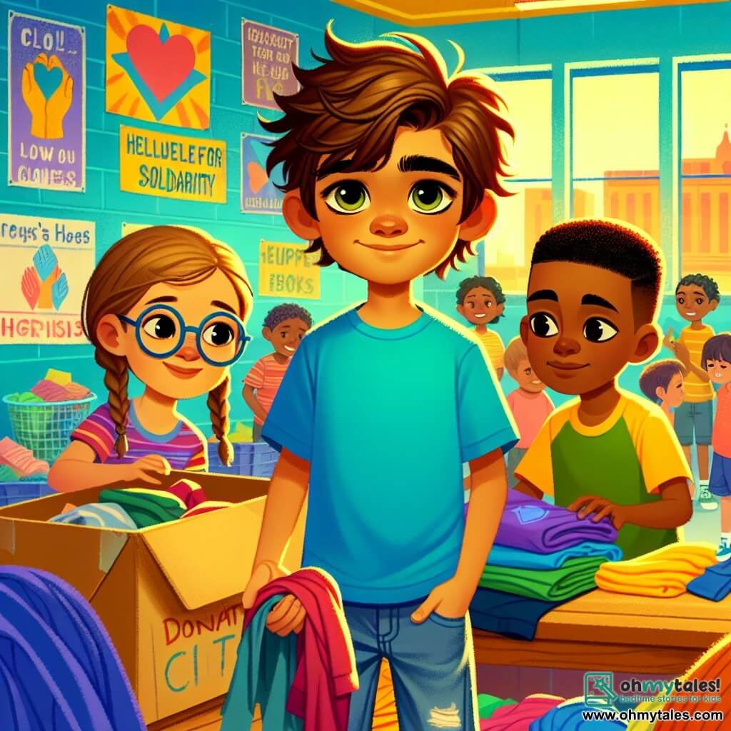A 12-year-old boy named Jasper stands at the center of the image, with messy brown hair and curious sparkling eyes. He wears a bright blue t-shirt and worn jeans, displaying a determined and empathetic expression. Next to him is an 11-year-old girl, Emily, with braided blonde hair and round glasses, smiling while holding a donation box. Further along, a 12-year-old boy, Carlos, with black hair and tanned skin, is sorting clothes from a colorful pile, looking focused. The setting is a warm community center with brightly painted walls and posters encouraging solidarity. Tables are filled with boxes of food and clothing, while a group of children and adults bustle around, creating an atmosphere of camaraderie and support. The main scene shows Jasper, Emily, and Carlos working together to organize a donation drive, with smiles and friendly gestures, illustrating the spirit of community and the desire to help those in need.