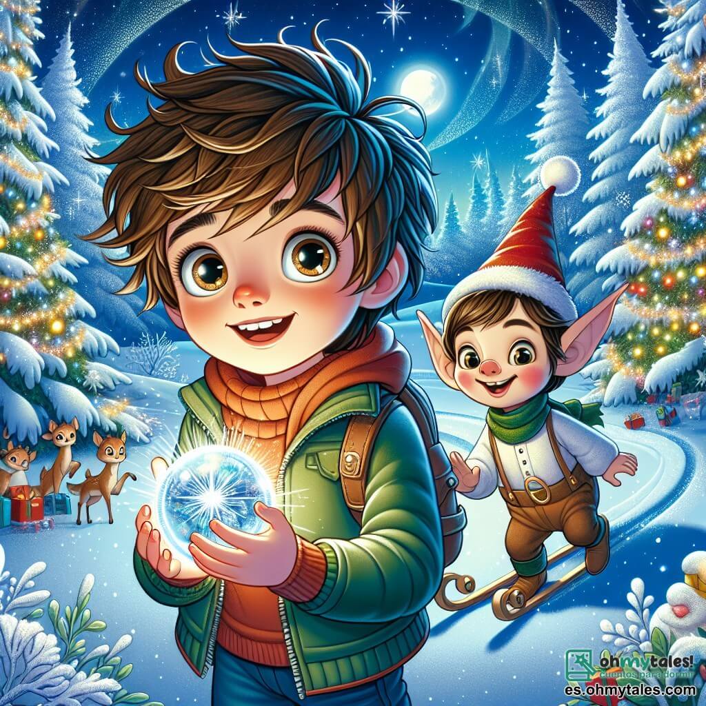 Un niño de 9 años, Tomás, con cabello castaño despeinado y ojos llenos de curiosidad, se encuentra en el centro de la escena, sosteniendo una esfera de cristal brillante en sus manos. Su rostro expresa asombro y alegría mientras mira a su alrededor con una amplia sonrisa. A su lado, un duende llamado Pipin, que parece tener unos 100 años pero con la apariencia de un niño, lleva un pequeño sombrero rojo puntiagudo y tiene orejas puntiagudas. Sonríe traviesamente y señala un camino nevado que se extiende ante ellos, como si invitara a Tomás a seguirlo. El escenario es un hermoso bosque nevado, donde los majestuosos árboles están cubiertos de nieve brillante bajo la luz de la luna. Copos de nieve caen suavemente, creando una atmósfera mágica, mientras un trineo decorado con guirnaldas y regalos coloridos es visible al fondo, rodeado de animales alegres. La situación principal muestra a Tomás y Pipin en el corazón de su aventura, listos para explorar el misterioso Bosque Mágico de Navidad, donde la magia y la generosidad de la Navidad cobran vida.