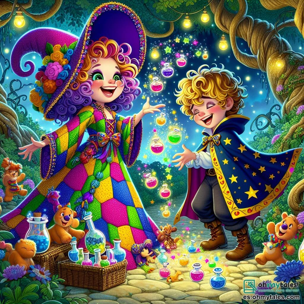 Pocimilda, una bruja alegre con largos cabellos rizados violetas, lleva un vestido de patchwork de colores brillantes. Sonríe con ojos chispeantes de malicia, sosteniendo una varita mágica brillante, rodeada de burbujas de poción coloridas que flotan a su alrededor. Borburio, un joven mago de 10 años con cabello rubio despeinado y una capa azul adornada con estrellas doradas, está a su lado. Se ríe mientras intenta hacer malabares con pequeños renos de peluche que bailan a su alrededor. La escena se desarrolla en un claro encantado, donde árboles de troncos torcidos y hojas brillantes crean un ambiente mágico. Luciérnagas iluminan el aire y flores multicolores crecen por todas partes, añadiendo un toque de fantasía al entorno. Pocimilda y Borburio están preparando un duelo de magia divertido, rodeados de risas y burbujas flotantes, mientras criaturas mágicas curiosas los observan con ojos asombrados.