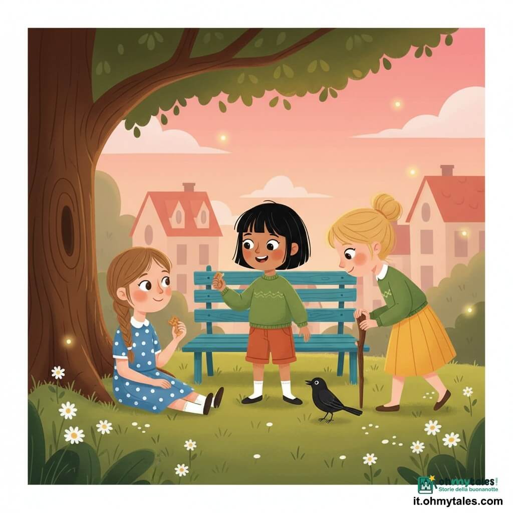 Tre bambine: una di circa 9 anni con treccia castano chiaro e vestito blu a pois seduta a sinistra sull'erba sotto una grande quercia che tiene un biscotto rotto; una di circa 8 anni con capelli neri corti e maglione verde al centro che offre un pezzo di biscotto a un merlo vicino; una di circa 10 anni con capelli biondi raccolti e gonna gialla a destra che cammina lentamente con un bastone intagliato, piegata verso le altre con sguardo benevolo; intorno un parco di villaggio al crepuscolo con erba e margherite, una panchina blu dietro le bambine, case sfocate dai tetti rossi e un cielo rosa-arancio punteggiato di lucciole; scena centrale, calda e tranquilla, colorata con contrasti netti e stile vettoriale infantile, espressioni attente e gentili.