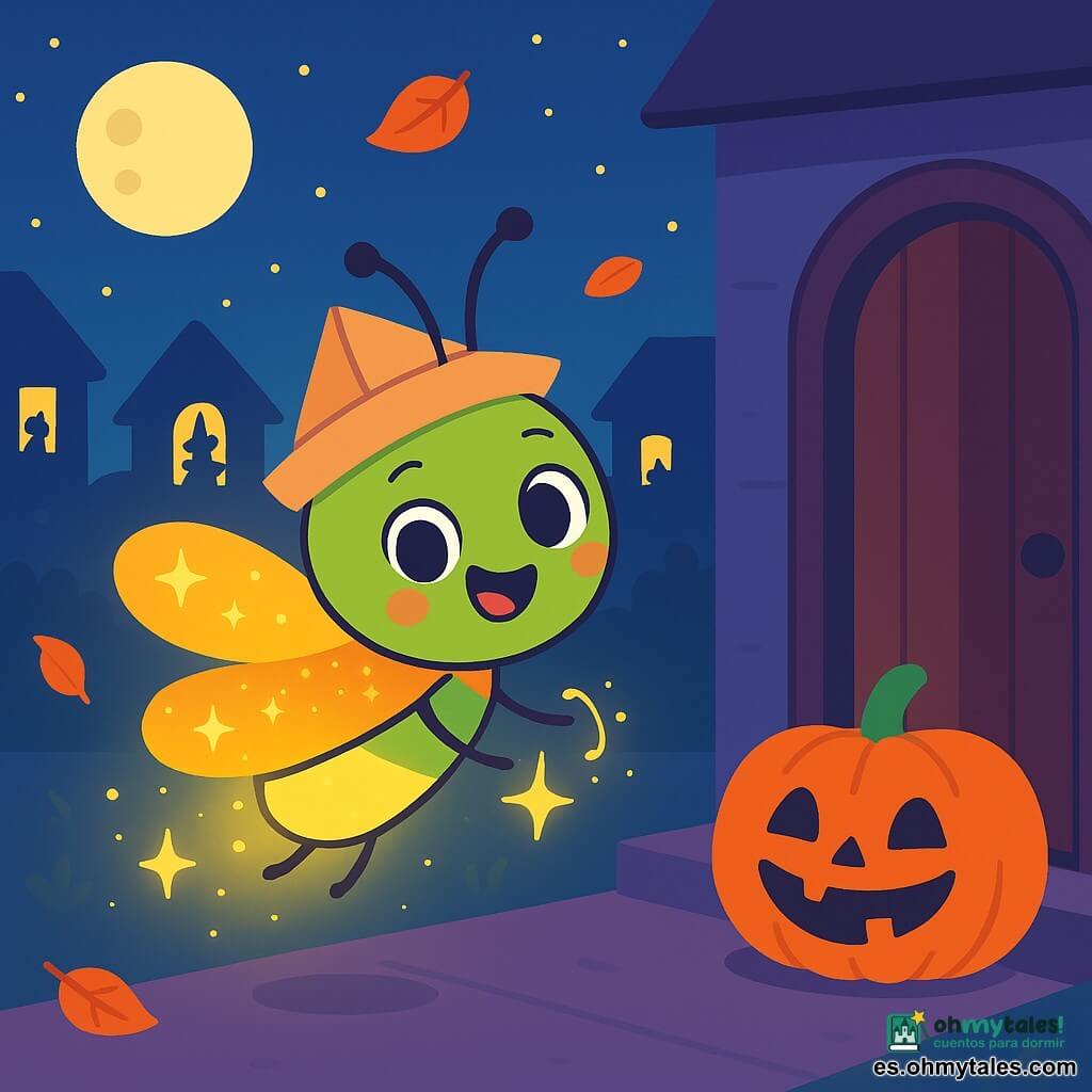 Una pequeña luciérnaga llamada Lila, con una capa dorada brillante y un sombrero de papel, vuela alegremente en la noche de Halloween, sus ojos brillando de emoción. Dibuja estrellas de luz en el aire con su suave y chispeante resplandor. Junto a ella, una calabaza sonriente con dientes cuadrados y ojos traviesos, que parece guiñarle un ojo, está en el umbral de una puerta. Irradia calidez y alegría, como si invitara a Lila a jugar. Al fondo, una calle tranquila está iluminada por la luna redonda y plateada, con casas cuyas ventanas están decoradas con siluetas de gatos, brujas y fantasmas. Hojas de otoño bailan en el viento, añadiendo un toque de magia a la atmósfera. La escena muestra a Lila dibujando formas luminosas en el aire, rodeada de siluetas divertidas, creando un ambiente festivo y encantado para celebrar Halloween.