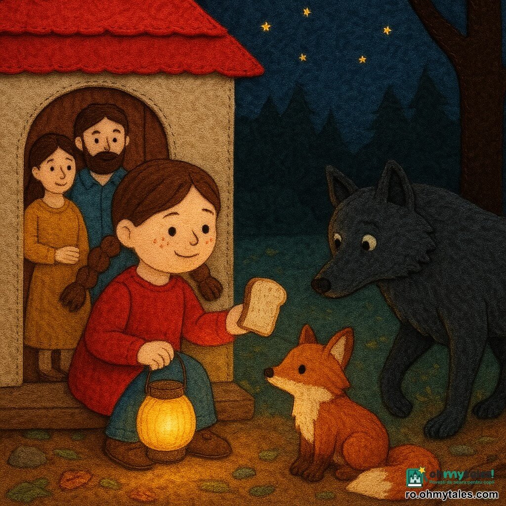 O fetiță de 4 ani, Ana, lină și curajoasă, față rotundă, păr castaniu în cozi și câteva pistrui, ține o mică lampă de sticlă galbenă caldă și întinde o felie de pâine; zâmbește ușor, stă așezată pe o scândură în fața ușii casei. O vulpiță roșcată, mică și ghemuită, se adăpostește lângă lampă, cu blana roșcată și coada stufoasă încolăcită, privind la lampă și la fetiță. Un lup mare și întunecat, siluetă masivă cu blană cenușie cu reflexe albăstrui, stă la marginea luminii, botul plecat și urechile atente, avansând încet spre felia de pâine, cu o expresie surprinsă și ezitantă. Părinții stau în pragul căsuței cu acoperiș roșu, înăuntru, cu posturi protectoare, privind scena. Locație: o lumină de pădure la amurg, sol acoperit cu frunze ocru și verzi, trunchiuri texturate și câteva pietre și rădăcini; cer treptat spre albastru închis cu câteva stele. Situație principală: o scenă tandră și tăcută în care fetița oferă pâine sub o lumină rotundă și caldă, vulpița se încălzește, iar lupul ezită să pătrundă în cercul de lumină; contrast puternic între lumina galbenă blândă și umbrele albăstrui. Stil: efect de applique textil, margini cusute vizibile, materiale cu model, texturi de fetru și lână, culori calde pentru lumină și tonuri reci pentru umbre, compoziție centrată și clară pentru copii de 4 ani.