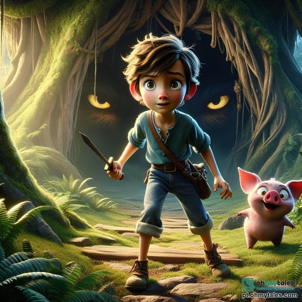 Um garoto de 10 anos, Lucas, está corajosamente diante de uma caverna escura, com o rosto determinado e os olhos brilhando de coragem. Ele tem cabelos castanhos bagunçados, uma camisa azul e calças de lona, segurando uma pequena espada de madeira, pronto para enfrentar o perigo. Ao seu lado, um travesso porquinho rosa, chamado Pipo, observa com olhos arregalados, pronto para apoiar seu amigo. Pipo está todo animado, com as orelhas em pé, posicionado logo atrás de Lucas, exibindo uma expressão de encorajamento. A cena se passa na entrada de uma caverna misteriosa, cercada por árvores gigantescas e samambaias luxuriantes que parecem sussurrar segredos. A luz do sol filtra através das folhas, criando sombras dançantes no chão. Lucas se prepara para entrar na caverna e enfrentar o Grande Lobo, uma criatura massiva com olhos amarelos penetrantes e pelagem escura, que está lá dentro, rugindo desafiadoramente. A atmosfera é tensa, cheia de adrenalina e excitação, enquanto Lucas se posiciona firmemente, pronto para provar sua bravura.