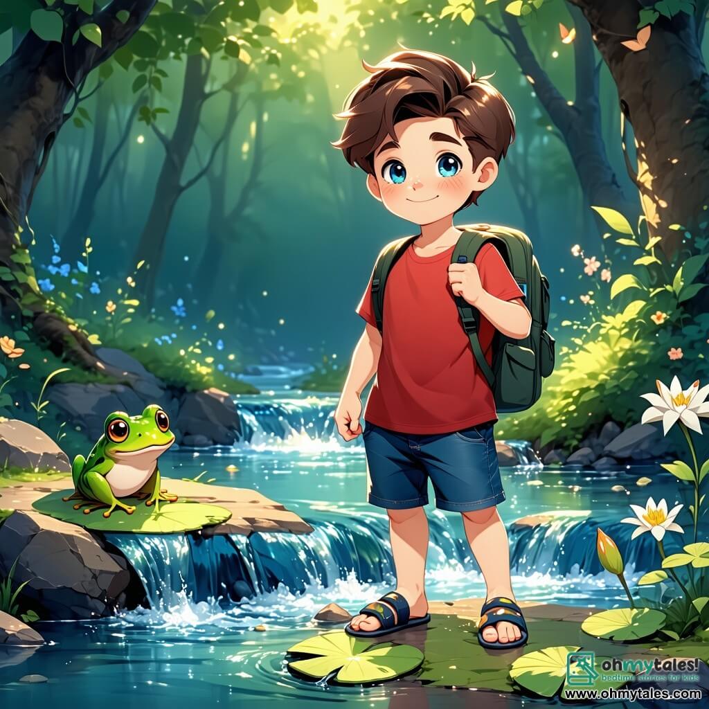 A 9-year-old boy named Oliver, with messy brown hair and sparkling blue eyes, stands by a shimmering stream, a look of wonder illuminating his face. He wears a red t-shirt and denim shorts, with a small backpack filled with adventures on his shoulders. Nearby, a small green frog with mischievous eyes perches on a lily pad, ready to help him cross the stream. The setting is an enchanted forest, where majestic trees with thick trunks rise towards the sky, their leaves shining brightly in the sun. Colorful flowers with sparkling petals line the path, and rays of light filter through the branches, creating a magical atmosphere. The main scene shows Oliver, heart racing with excitement, ready to leap onto the frog's back to cross the stream, symbolizing the start of his incredible adventure in this fairy-tale world.
