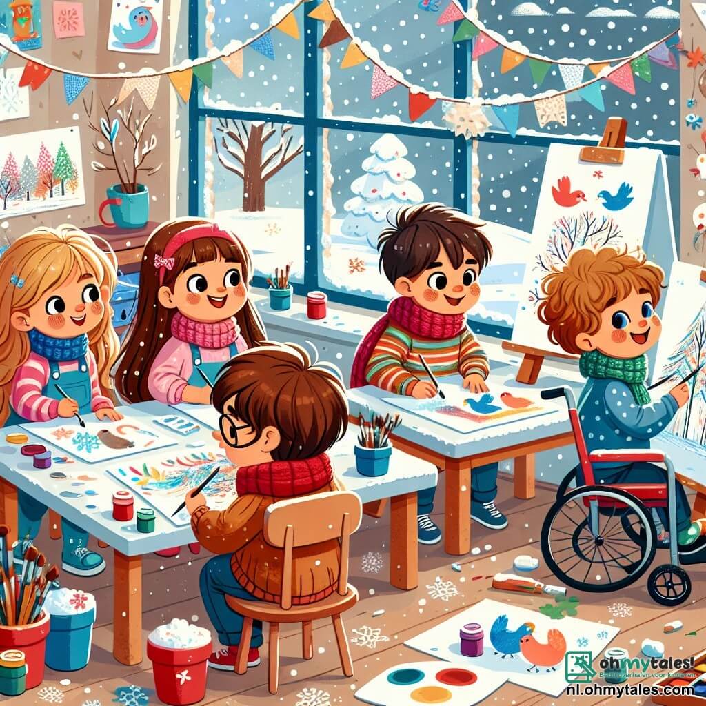In een warme klasruimte zitten vijf kinderen rond grote vellen papier. Emma, een vierjarig meisje met lang bruin haar en sprankelende ogen, schildert blije sneeuw met een grote glimlach op haar gezicht. Naast haar schildert Max, een vijfjarige jongen in een rolstoel met blond haar en een rode sjaal, kleurrijke vogels die op een tak zitten. Lucas, een vierjarige jongen met messy kastanjebruin haar, leunt over een doek met Noor, een vierjarig meisje met krullend haar en een bril, die besneeuwde bomen tekent. Ze zitten allemaal rond een houten tafel, omringd door potten met heldere verf. De klas is versierd met papieren slingers en wintertekeningen aan de muren. Door het raam vallen er zachtjes sneeuwvlokken naar buiten, die het landschap bedekken met een glinsterende witte deken. De kinderen zijn gefocust op hun winterkunstproject, waarbij ze schilderijen maken die de schoonheid van de sneeuw en de dieren die in dit seizoen leven weergeven. De sfeer is vrolijk en creatief, vol gelach en opwinding.