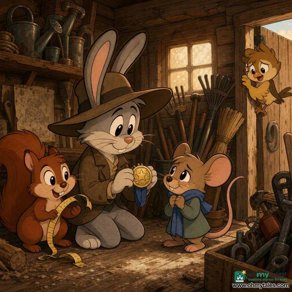 Bramble Rabbit, a calm, kind detective with light gray fur and a wide felt hat, gently holds a gold medal while looking at Juniper Mouse, a small shy brown mouse clutching a blue scarf and offering the medal; Tansy Sparrow, a small yellow-and-brown bird, perches on the shed doorframe looking relieved, and Pip Squirrel, a curious red-furred squirrel with chubby cheeks, stands beside Bramble holding a yellow tape measure; the scene is inside a small wooden shed with dusty window light, cluttered shelves and rusted tools, conveying a warm, intimate moment of the medal's return in a retro cartoon style with curved lines, simple shadows, and warm wood-and-gold tones.