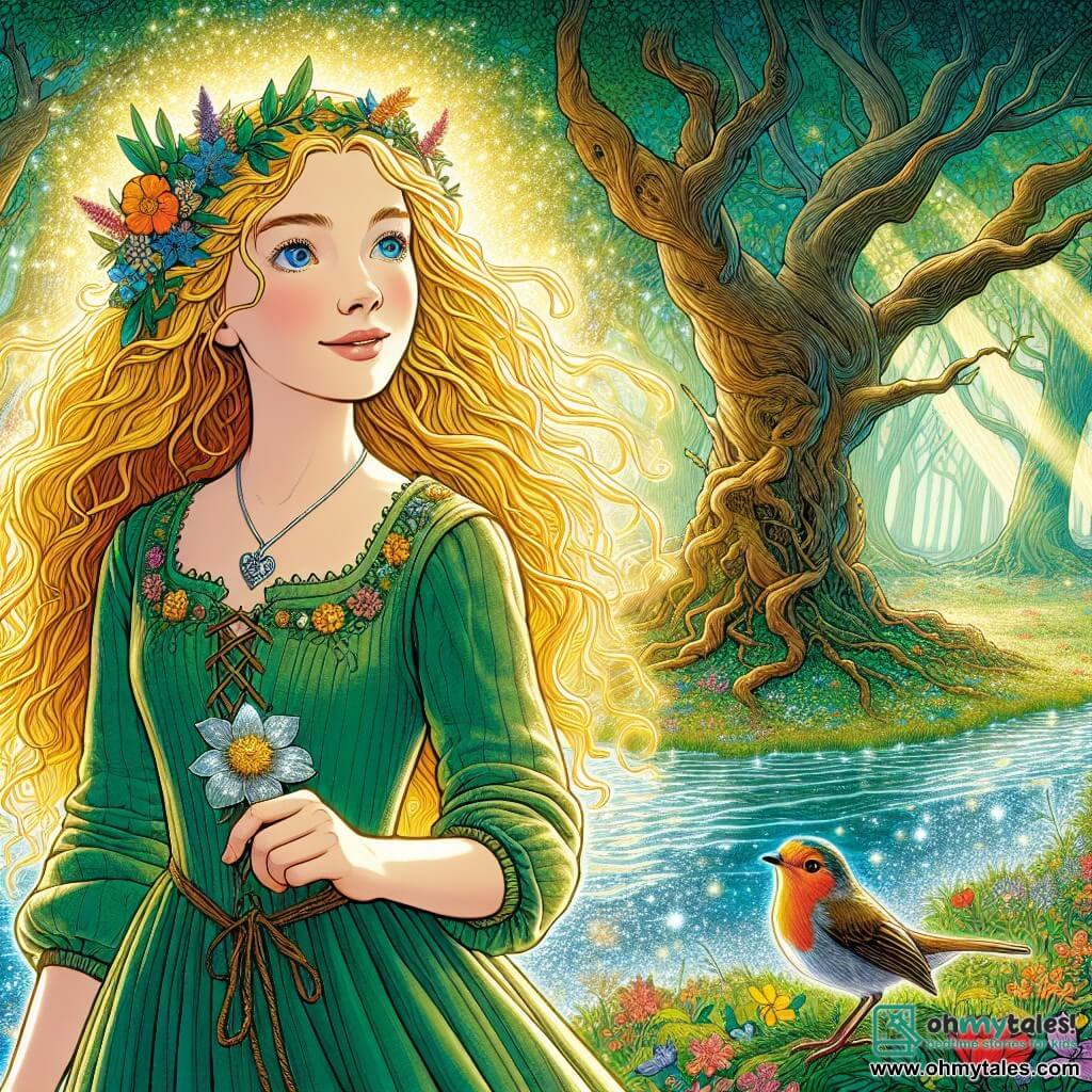 Isolde, a young woman with golden hair like rays of sunshine, stands at the edge of a sparkling river. Her light blue eyes shine with bold determination, and a slight smile brightens her face. She wears a green linen dress adorned with wildflowers and holds a delicate silver flower behind her ear. Beside her, a small robin with bright red feathers perches on her shoulder, its eyes sparkling with concern but also hope, seemingly ready to guide Isolde in her quest. The setting is an enchanted forest, with majestic trees and whispering leaves. Light filters through the foliage, creating dancing patterns on the mossy ground filled with colorful flowers. The main scene shows Isolde, determined and courageous, ready to cross the magical river to save the Silver Queen, while the robin encourages her to move forward, symbolizing friendship and support in the adventure.