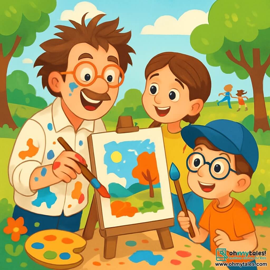 A man named Maestro Marco, with messy hair and funny glasses, joyfully smiles while painting on a large easel. He wears a white shirt stained with bright colors and his hands are covered in paint. Next to him, Lucy, a 10-year-old girl with braided brown hair and a yellow t-shirt, watches in awe at the ongoing painting. Timmy, a 9-year-old boy with round glasses and a blue cap, holds a brush and prepares to paint, his eyes sparkling with excitement. The scene takes place in a sunny park, surrounded by green trees and colorful flowers, with children playing in the background. The ground is covered with leaves and small pebbles. Maestro Marco and the children are gathered around art, sharing laughter and creative ideas, while splashes of colorful paint on the ground reflect their enthusiasm.