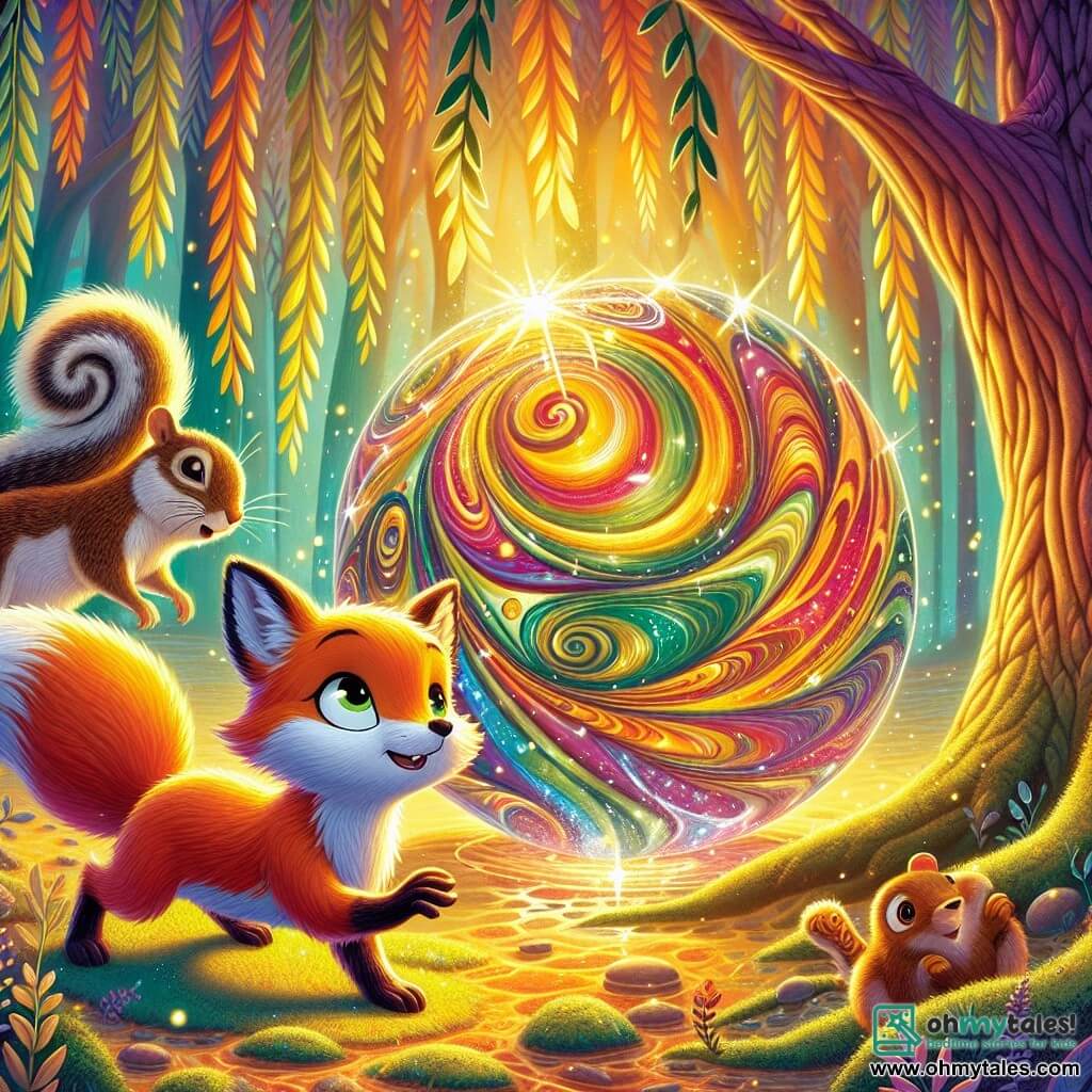A young fox with a fiery coat and sparkling curious eyes stands before a shimmering pearl with swirling colors, her expression a mix of wonder and determination. Beside her, a silky-furred squirrel with mischievous eyes hops excitedly, observing the pearl with great curiosity. A wise old turtle, with a shell adorned with natural patterns, stands back, squinting with a look of deep contemplation. The scene unfolds under a large willow tree with drooping branches, in a glade bathed in golden light, where sunbeams filter through the foliage, creating dancing shadows on the moss-covered ground. At the center of this glade, the magical pearl shines brightly, illuminating the faces of the characters around it. Lira, the fox, reaches out toward the pearl, ready to embrace her adventurous destiny.