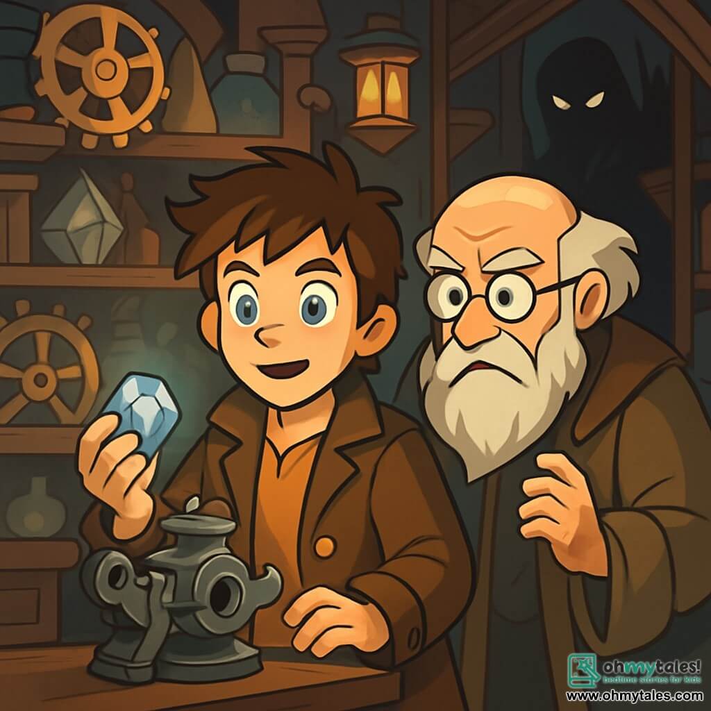 A 12-year-old boy, Edwin, with tousled hair and curious, bright eyes, stands at the center of the image, his face marked by an expression of determination and wonder. He wears a worn leather coat with brass buttons reflecting the light from surrounding lanterns. Beside him, an elderly man, Master Greaves, with a long white beard and a monocle, closely observes a strange metal mechanism, his face showing concern and wisdom. The setting is a room in the Guild of Clockmakers, filled with moving gears, rolled-up plans, and sparkling crystals, where magic and technology intertwine. Dark wooden shelves are laden with mysterious objects, while a soft light emanates from enchanted lamps, creating a warm yet intriguing atmosphere. The main situation shows Edwin holding a shining gem, the heart of Larkspur, ready to place it back into a metal pedestal, while a menacing shadow looms in the background, adding palpable tension to the scene.