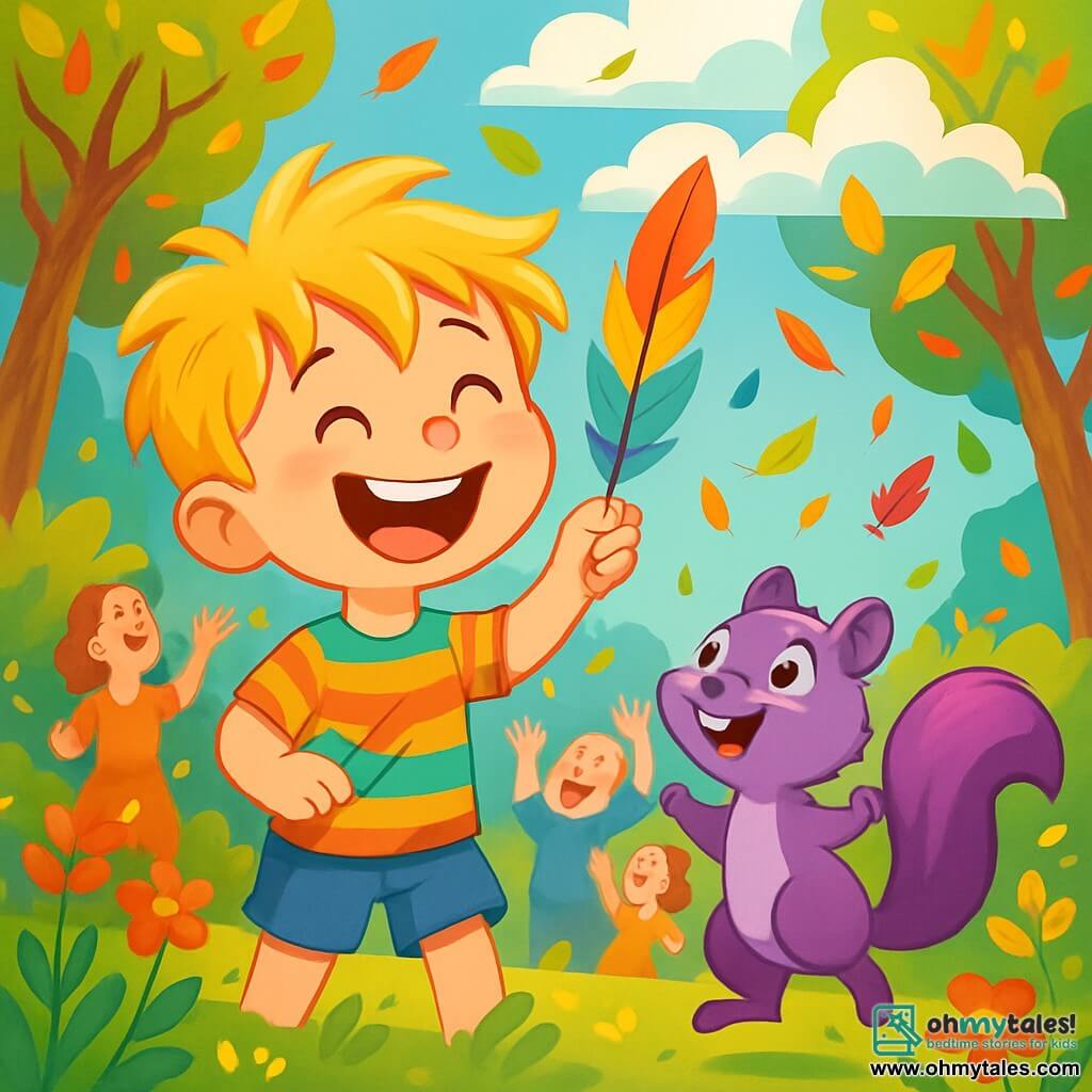 A 6-year-old boy named Timmy, with messy blonde hair and sparkling curious eyes, is joyfully laughing while holding a colorful feather in his hand. He wears a striped t-shirt and blue shorts, and his face shows great excitement. Beside him is a purple squirrel named Squeaky, with shiny fur and a bushy tail, happily jumping around with mischievous eyes. They are in an enchanted forest where trees dance and flowers sing, with multicolored leaves falling around them. The main scene shows Timmy and Squeaky making colorful feathers rain down from the clouds, while villagers laugh and enjoy catching the soft feathers that fall like a shower of happiness.