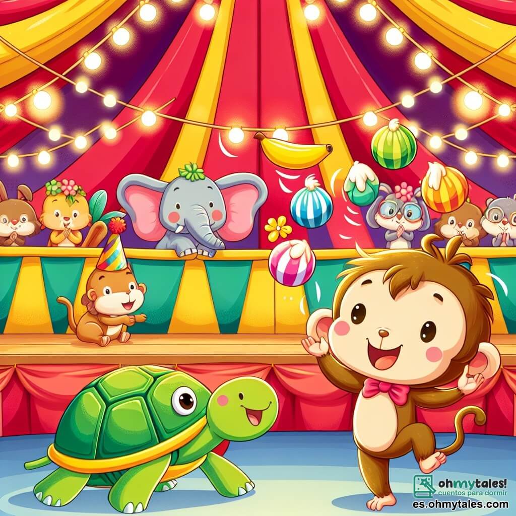 Un pequeño mono de pelaje marrón claro, con un moño de cabello desordenado, está haciendo malabares con frutas coloridas, mostrando una gran sonrisa de alegría y emoción. A su lado, una tortuga con un caparazón verde y ojos brillantes observa con admiración, riendo, mientras un elefante de grandes orejas rosas, de pie al fondo, aplaude con entusiasmo, con su trompa levantada en señal de ánimo. La escena transcurre bajo una carpa de circo de colores vivos, con rayas rojas y amarillas, iluminada por guirnaldas de luces centelleantes. Animales espectadores, como pájaros y conejos, están sentados en bancos de madera, cautivados por el espectáculo. El pequeño mono, en plena actuación, intenta hacer malabares con plátanos y flores, creando un ambiente alegre y festivo, mientras un pastel colorido está listo para ser lanzado, añadiendo un toque de humor a la escena.