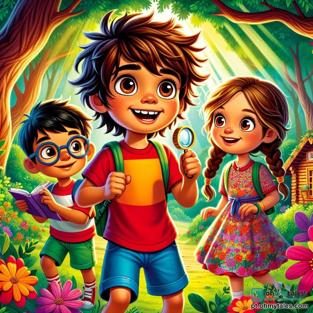 Um menino de 8 anos, Tiago, com cabelos castanhos bagunçados e olhos brilhantes de curiosidade, está no centro da cena, com um largo sorriso de empolgação. Ele usa uma camiseta vermelha e um shorts azul, segurando uma pequena lupa na mão direita, pronto para explorar. Ao lado dele, Ana, uma menina de 7 anos com longos cabelos loiros trançados, veste um vestido colorido com flores e observa ao redor com uma expressão de deslumbramento. Pedro, um garoto de 8 anos com óculos e cabelos pretos, está um pouco atrás, segurando um caderno e um lápis, pronto para anotar. A cena acontece em uma floresta verdejante, com árvores majestosas e raios de sol filtrando através das folhas, iluminando o chão. No centro, uma pequena cabana de madeira coberta de hera se destaca, cercada por flores silvestres coloridas. Tiago, Ana e Pedro estão diante da cabana, intrigados e prontos para descobrir os segredos que ela guarda, com olhares cheios de antecipação e aventura.