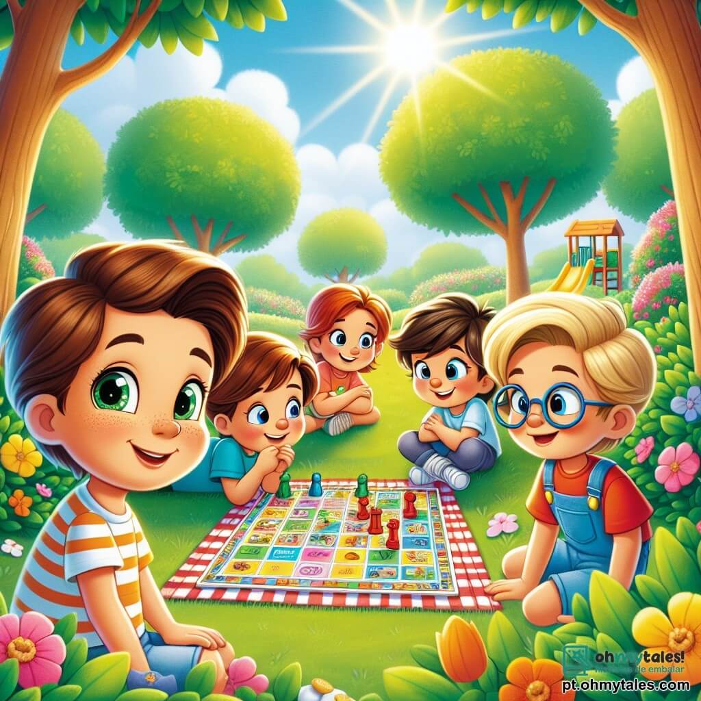 Em um parque ensolarado, Lucas, um menino de seis anos com cabelos castanhos e olhos brilhantes, está à esquerda, com um sorriso caloroso no rosto. À sua direita, Pedro, outro menino de seis anos com cabelos loiros e óculos redondos, observa Lucas com curiosidade. Os dois amigos estão cercados de vegetação, com árvores floridas e um céu azul claro ao fundo. No centro da imagem, um grupo de quatro crianças, dois meninos e duas meninas, discute em torno de um jogo de tabuleiro espalhado em uma toalha de piquenique. Os meninos vestem camisetas coloridas, enquanto as meninas usam vestidos alegres. Todos parecem preocupados, mas Lucas e Pedro se aproximam com expressões amigáveis, prontos para ajudar. O parque está cheio de flores coloridas, risos de crianças e a suave luz do sol filtrando pelas folhas. Ao longe, há um escorregador e balanços onde outras crianças brincam alegremente. A situação principal mostra Lucas e Pedro intervindo para ajudar os colegas a resolver um conflito sobre quem deve ser o líder de um jogo, destacando a importância da comunicação e da amizade.