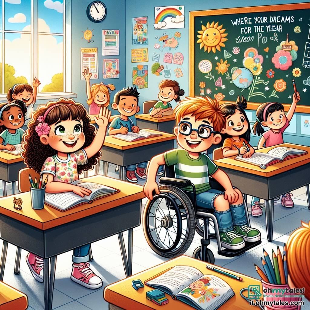 In un'aula luminosa, vediamo **Laura**, una ragazza di 8 anni con capelli castani e ricci, che indossa una bella maglietta a fiori e un pantaloncino di jeans. È seduta a un banco, sorridente, mentre alza la mano per fare una domanda. Accanto a lei c'è **Marco**, un ragazzo di 8 anni con capelli biondi e occhiali, seduto sulla sua sedia a rotelle, con una matita e un quaderno in mano, pronto a scrivere. L'aula è decorata con disegni colorati appesi alle pareti, con una grande lavagna nera davanti e finestre che lasciano entrare la luce del sole, illuminando i volti dei bambini. I libri e le forniture scolastiche sono sparsi sui banchi, creando un'atmosfera gioiosa e studiosa. La scena principale mostra Laura e Marco, circondati dai loro compagni di classe, mentre condividono i loro sogni per l'anno scolastico su una grande lavagna. I bambini sono tutti entusiasti e sorridenti, creando un'atmosfera di amicizia e entusiasmo per il ritorno a scuola.