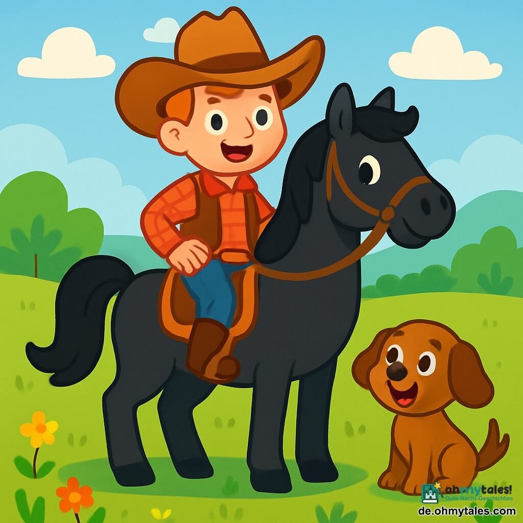 Ein Cowboy namens Ben steht stolz und lächelnd auf seinem prächtigen schwarzen Hengst Blitz. Er trägt einen breiten Cowboyhut, ein rotes kariertes Hemd und eine Lederweste. Seine Augen strahlen vor Aufregung und Entschlossenheit, während er sich auf ein großes Rodeo-Turnier vorbereitet. Neben ihm sitzt ein kleiner brauner Hund mit hängenden Ohren und funkelnden Augen, der Ben bewundernd ansieht, während er fröhlich mit dem Schwanz wedelt. Die sonnige Wiese ist mit bunten Wildblumen übersät und im Hintergrund sind grüne Hügel zu sehen. Der Himmel ist strahlend blau mit ein paar flauschigen weißen Wolken. Die Hauptsituation zeigt Ben und Blitz, die sich auf den Eintritt in die Arena des Turniers vorbereiten, umgeben von begeisterten Zuschauern, die applaudieren und die Cowboys anfeuern. Die Atmosphäre ist voller Energie und Aufregung, bereit für das bevorstehende Abenteuer.