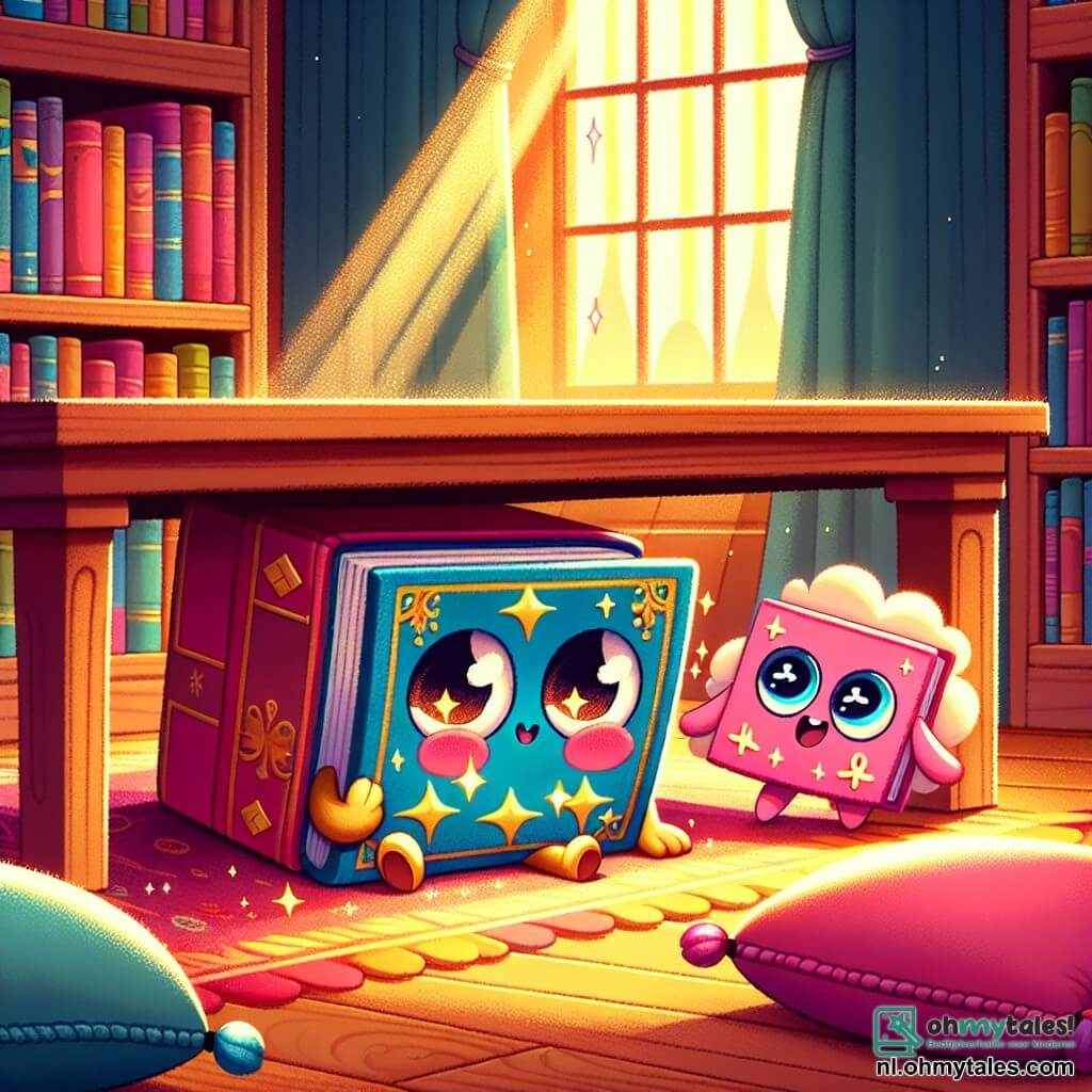 Een klein animatieboek met een kleurrijke kaft en sprankelende ogen glijdt onder een grote houten tafel in een bibliotheek. Het heeft een nieuwsgierige en opgewonden uitdrukking, met zijn pagina's lichtjes open alsof het klaar is om een verhaal te vertellen. Naast hem kijkt een ander klein boek met een roze kaft en fonkelende sterren aanmoedigend, met zijn pagina's die trillen van enthousiasme. Ze leunt naar voren, klaar om haar vriend te helpen in zijn zoektocht. De scène speelt zich af in een warme bibliotheek, vol met boeken in felle kleuren, met grote houten planken en stralen licht die door ramen met kleurrijke gordijnen filteren. Zachte kussens liggen verspreid over de vloer, wat een gastvrije sfeer creëert. Het kleine animatieboek probeert zijn waardevolle metgezel, een verdwenen avonturenboek, te vinden door onder de tafel te glijden, terwijl zijn vriendin hem aanmoedigt om te verkennen en het mysterie op te lossen.