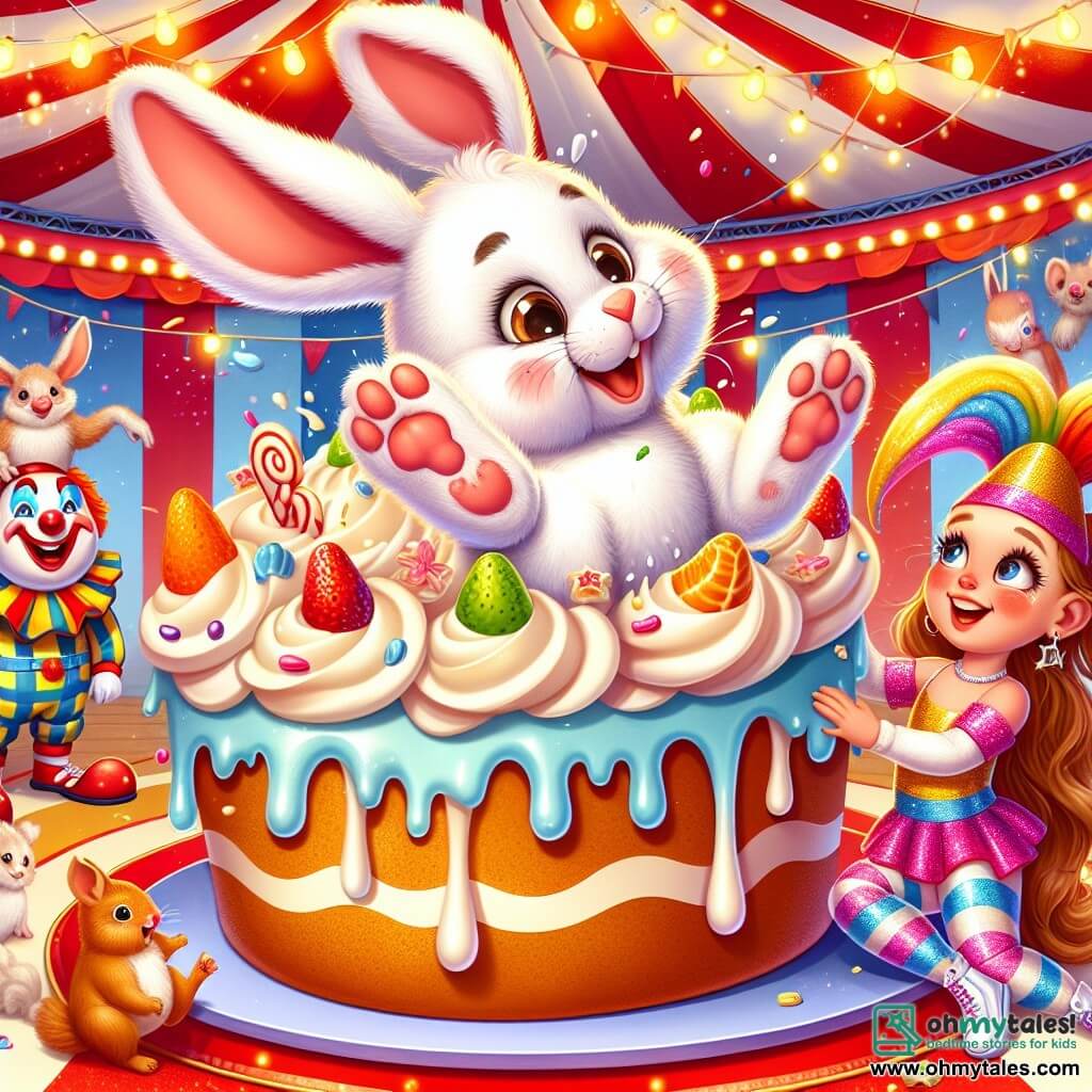 An illustration depicts a small rabbit with big ears falling into a huge cream cake, with a surprised and joyful expression on its face. It has soft, fluffy white fur with brown spots, covered in whipped cream and colorful fruits. Nearby, a cheerful clown with a red and blue painted face laughs loudly, holding a large rubber chicken in one hand. He wears a colorful striped costume and oversized shoes, his expression full of fun and mischief. Another character is an acrobat, a young girl with long, shiny hair, dressed in a sparkling pink costume, smiling proudly at the rabbit, ready to help him up. The main setting is a vibrant circus tent with red and white stripes, illuminated by twinkling lights. Animal spectators, like squirrels and birds, gather around, amazed by the show. The main scene shows the little rabbit, joyful yet a bit confused, after a spectacular fall into the cake during the performance, while laughter and applause resonate around him, creating a festive and fun atmosphere. Colorful confetti floats in the air, adding to the joyful ambiance of the circus.