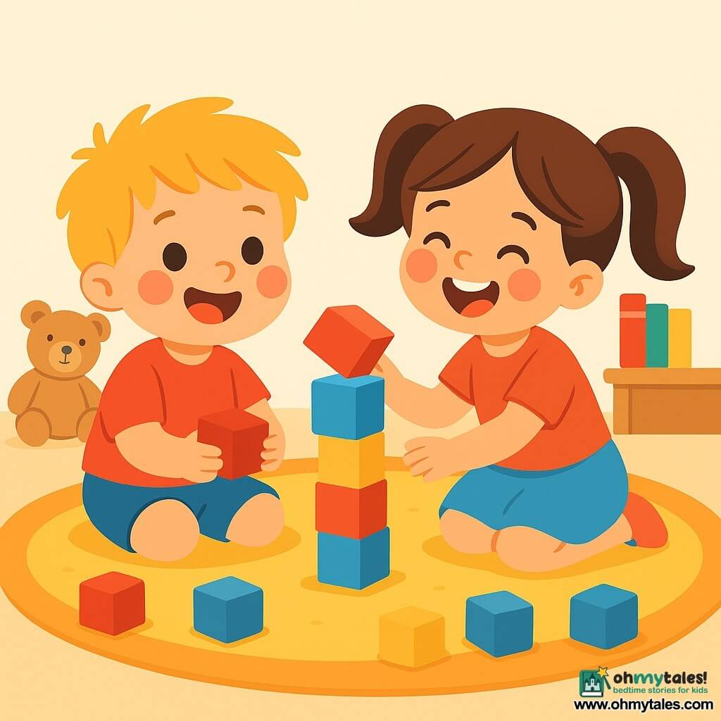 A 2-year-old boy with messy blonde hair and sparkling eyes is sitting on a fluffy rug. He joyfully smiles, his round rosy cheeks showing his excitement as he holds a red block in his small hands. Next to him, his 4-year-old sister with brown hair in pigtails laughs while holding a blue block, slightly leaning forward, ready to build a tower. The rug is scattered with colorful blocks: red, blue, and yellow, creating a vibrant rainbow. In the background, stuffed toys and books are scattered, adding a warm touch to the room. The main scene shows the boy and his sister building a block tower, their faces lit up with laughter and joy, as the blocks begin to wobble, ready to fall.