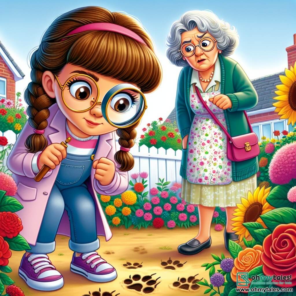 A young detective, Mia, an eleven-year-old girl with braided brown hair and round glasses, is examining paw prints in Mrs. Green's flower garden. She has a determined and curious look, holding a magnifying glass in her right hand and a pink notebook in her left. Mrs. Green, an elderly woman around sixty with gray hair and a floral apron, stands beside her, looking worried with her hands on her hips. The garden is filled with colorful flowers, including red roses and yellow sunflowers, with a white wooden fence in the background. Mia carefully inspects the ground, searching for clues, while Mrs. Green looks around, hoping to find her precious locket.
