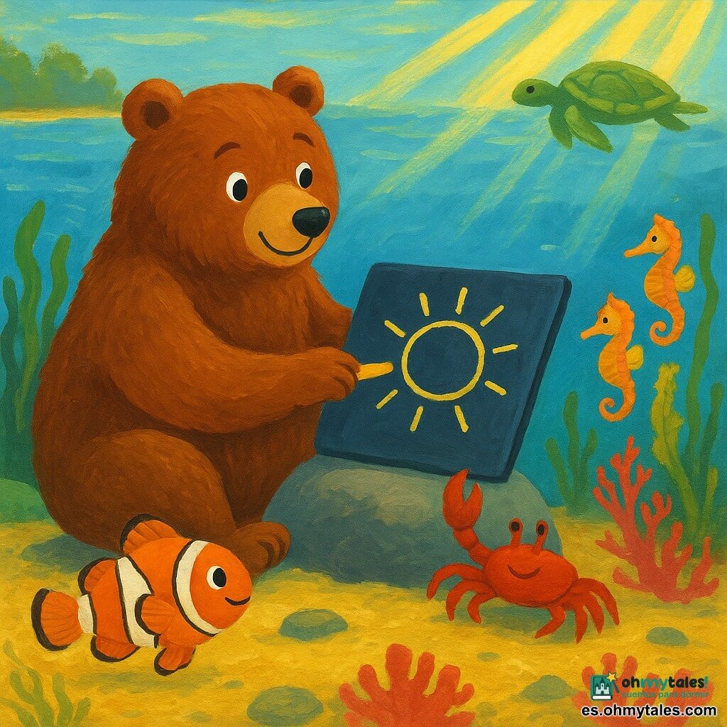Un gran oso pardo de pelaje suave y mirada valiente y sorprendida está sentado en una piedra lisa en el fondo del lago dibujando un sol con una pizarra y una tiza; a su lado nada un pequeño pez payaso naranja y blanco curioso, una familia de tres diminutos caballitos de mar coral y amarillo se aferra a una planta, un cangrejo rojo levanta una pinza como aplaudiendo y una tortuga de caparazón verde asoma en la superficie; el fondo muestra algas largas, arenas doradas, corales rojos y rosas y pequeñas piedras con rayos de sol que atraviesan el agua, en una escena submarina luminosa, tranquila y colorida con texturas de gouache.