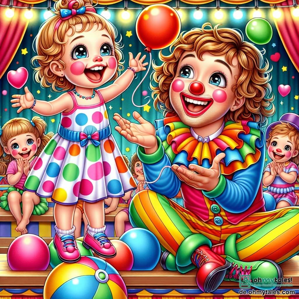 Ein kleines Mädchen von 2 Jahren, Emma, mit großen, glänzenden Augen und lockigem, blondem Haar, sitzt auf einer Bank und lacht herzhaft. Sie trägt ein buntes gepunktetes Kleid und hält einen kleinen roten Ballon in der Hand. Neben ihr jongliert ein fröhlicher Clown, ein etwa 30-jähriger Mann mit einem großen roten Mund und einer bunten Perücke, mit bunten Bällen. Er lächelt breit, seine Wangen sind rosa bemalt, und steht direkt vor Emma, um ihre Aufmerksamkeit zu erregen. Im Hintergrund macht ein junger Akrobat, ein etwa 10-jähriger Junge mit zerzausten braunen Haaren und einem glitzernden Anzug, Rückwärtssaltos. Er dreht sich in der Luft, die Arme ausgestreckt, und scheint bereit zu sein, direkt neben Emma zu landen. Der Ort ist ein lebhaftes Zirkuszelt, gefüllt mit strahlenden Lichtern und bunten Dekorationen. Wimpel wehen darüber, und staunende Zuschauer sitzen auf Holzbänken, applaudieren und lachen. Die Hauptsituation zeigt Emma, die fasziniert lacht, während sie dem Clown beim Jonglieren zusieht, während der Akrobat beeindruckende Kunststücke direkt hinter ihr macht und eine fröhliche, magische Atmosphäre schafft.