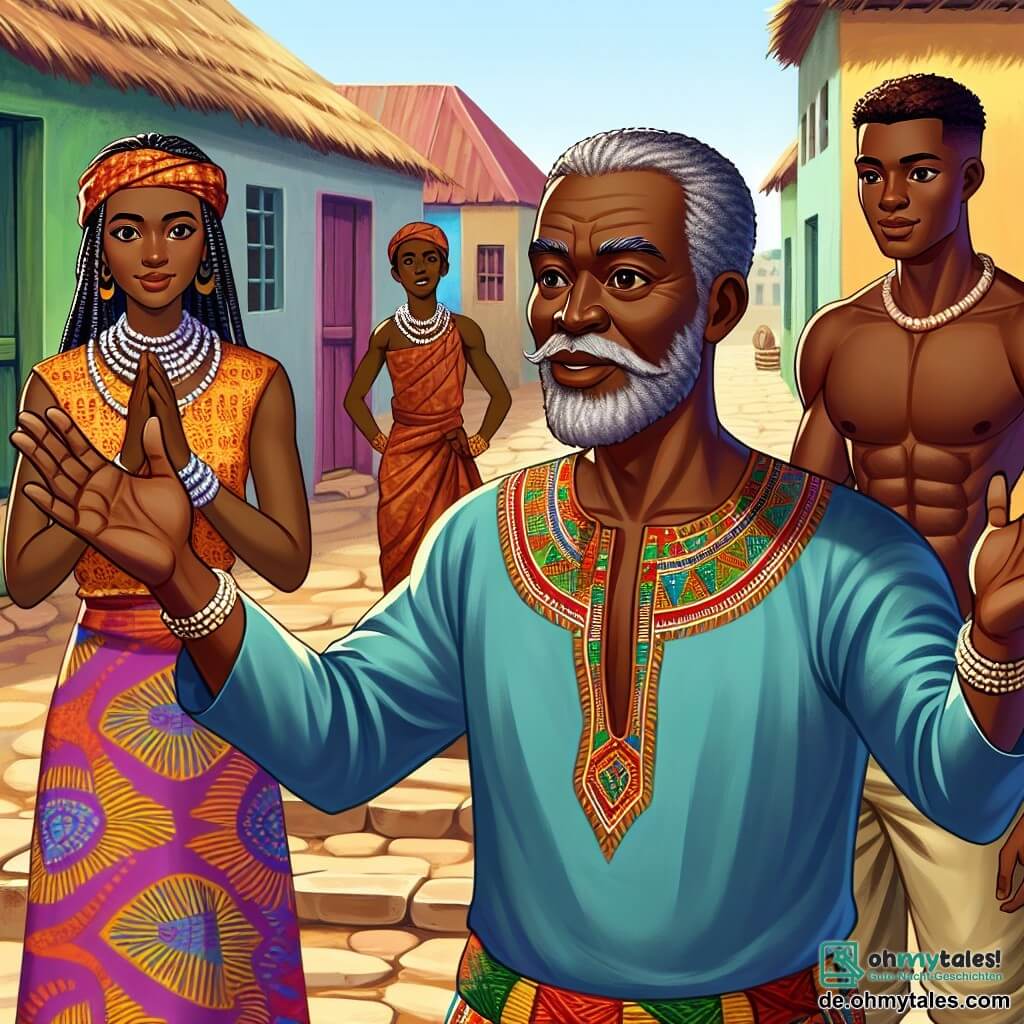 In einem farbenfrohen afrikanischen Dorf steht ein etwa 50-jähriger Mann namens Tunde im Mittelpunkt. Er hat eine tiefbraune Haut, graue Haare und trägt eine traditionelle Tunika mit bunten Mustern. Sein Gesicht strahlt Weisheit und Gelassenheit aus, während er die Arme hebt, um die Dorfbewohner um sich zu versammeln und zur Einheit aufzurufen. Rechts von ihm hört der muskulöse Kofi, etwa 30 Jahre alt, mit entschlossenen Augen aufmerksam zu. Er trägt eine einfache Hose und ein schlichtes Oberteil, bereit, seine Meinung zu verteidigen. Links von Tunde steht Anika, eine etwa 28-jährige Frau mit langen geflochtenen Haaren und einem warmen Lächeln, die in einem bunten Kleid und mit funkelnden Perlenarmbändern bereit ist, einzugreifen. Der Ort ist ein großer, offener Platz im Dorf, umgeben von Lehmhütten und grünen Palmen. Der Himmel ist strahlend blau, und die Sonne scheint, was eine warme, einladende Atmosphäre schafft. Die Hauptsituation zeigt Tunde, Kofi und Anika, die leidenschaftlich diskutieren, während sich andere Dorfbewohner um sie versammeln und aufmerksam zuhören. Die Stimmung ist sowohl angespannt als auch hoffnungsvoll, während sie gemeinsam nach einer Lösung suchen, um die Harmonie in ihrer Gemeinschaft wiederherzustellen.