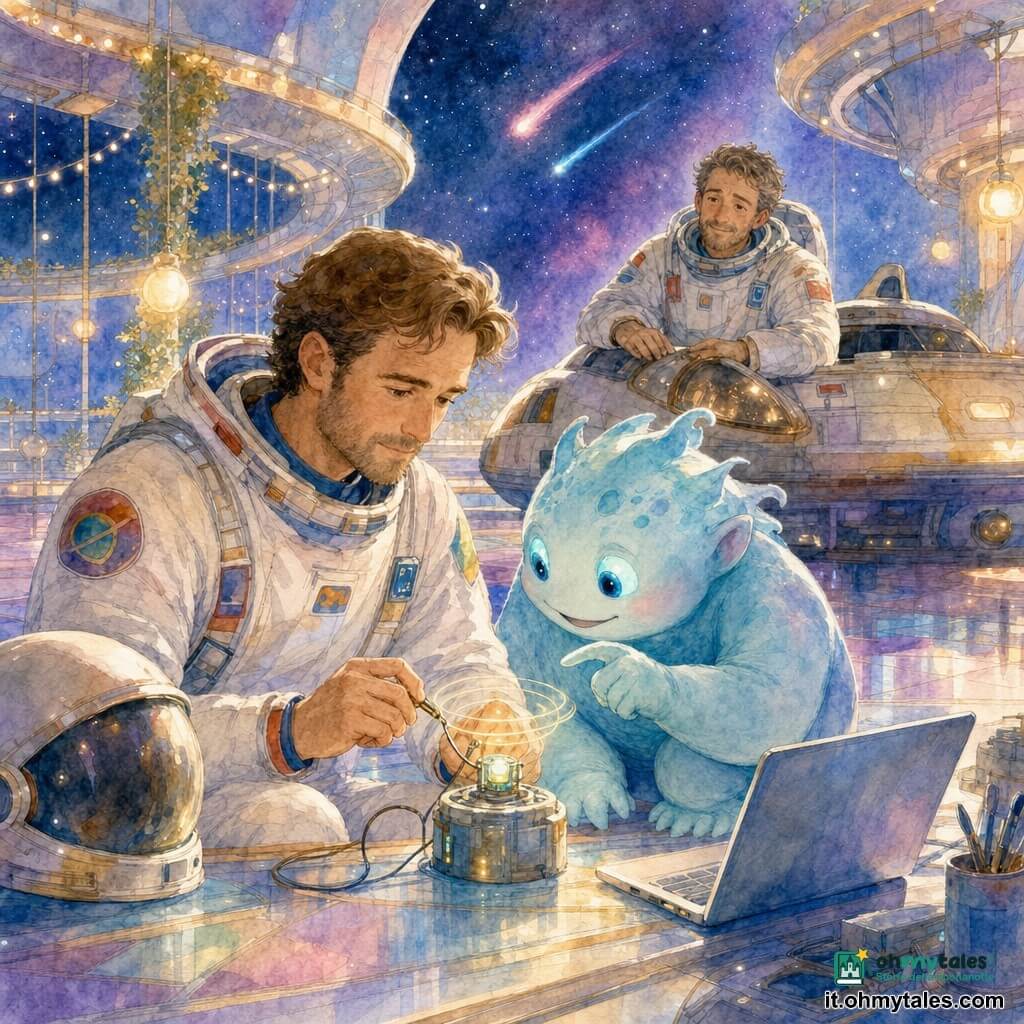 Luca, astronauta di circa 35 anni dal volto dolce e concentrato, casco accanto, seduto su una panca metallica mentre collega un piccolo sensore luminoso a un portatile con mani attente e tuta spaziale bianca con stemmi colorati; un altro astronauta di circa 40 anni, timido e sollevato, sta sullo sfondo vicino a una navetta usurata con le mani sul bordo, guardando Luca con gratitudine; la guardiana Zil, pelle azzurro pallido, grandi occhi luminosi e silhouette rotonda e amichevole, è accovacciata accanto a Luca indicando un dettaglio sul sensore con un sorriso benevolo; ambientazione in un chiostro stellare sospeso nello spazio con pavimenti metallici, pannelli traslucidi, balconi arrotondati, luci calde e fili luminosi, volta di stelle e comete sullo sfondo; scena di riparazione collaborativa, Luca e Zil affiancati concentrati sul sensore che emette piccoli anelli di luce, navetta e altro astronauta sullo sfondo, atmosfera morbida, intima e leggermente magica, palette acquerello pastello (blu, viola, oro rosa) con tocchi di giallo caldo.