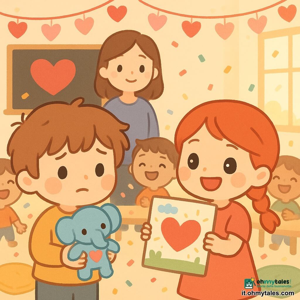 Bambino di 6 anni dal viso rotondo e guance rosate, capelli castano chiaro disordinati, sguardo dolce, tiene un piccolo pupazzetto elefante blu con una macchia a forma di cuore e lo stringe al petto sorridendo timidamente; accanto a lui una bambina di circa 6 anni con capelli rossi in treccia e occhi vivaci gli porge un disegno colorato sorridendo con orgoglio; una maestra di circa 30 anni, capelli castani lisci e sorriso benevolo, osserva la scena davanti a una lavagna decorata con cuori di carta; la scena è in un'aula luminosa e colorata con ghirlande di cuori rossi e rosa e una grande finestra che lascia entrare luce dorata; situazione principale: momento dolce in cui il bambino presta il doudou elefante alla bambina durante un'attività di San Valentino, circondati da bambini che ridono e coriandoli di carta, atmosfera calda, colori pastello, linee semplici e contorni arrotondati.