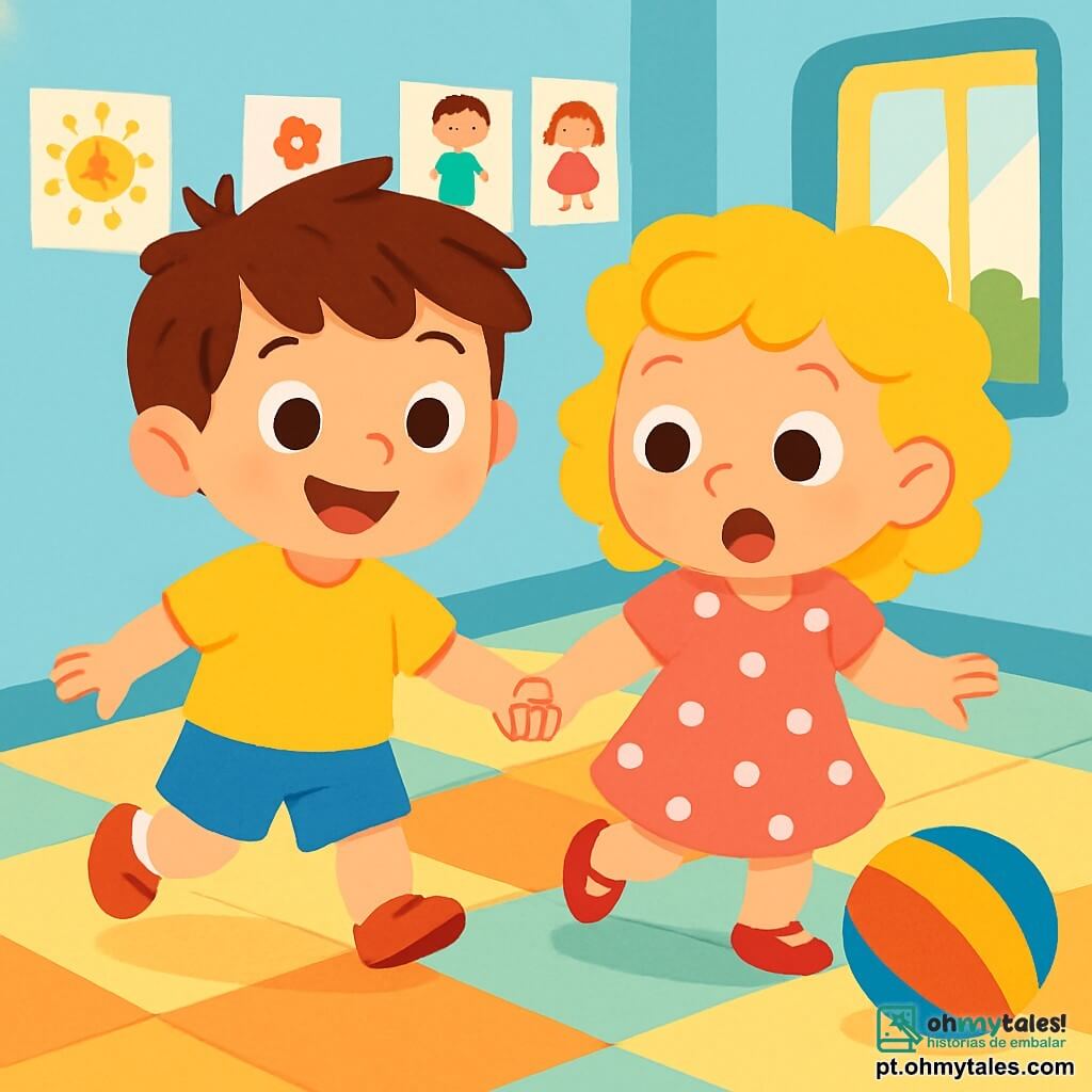 Um menino de 2 anos, Lucas, com cabelos castanhos bagunçados e olhos brilhantes de curiosidade, está no centro da imagem, com um grande sorriso no rosto. Ele usa uma camiseta amarela vibrante e um short azul, segurando a mão de sua melhor amiga. Ao lado dele, Ana, uma menina de 2 anos com cabelos loiros e cacheados, vestindo um vestido rosa com bolinhas brancas, observa a bola que rola com olhos arregalados de empolgação, inclinando-se levemente para frente, pronta para correr. O ambiente é um corredor escolar iluminado, com paredes pintadas de azul claro e desenhos de crianças pendurados. O chão é de azulejos coloridos, e uma grande janela deixa entrar a luz do sol, iluminando a cena. Lucas e Ana estão descobrindo uma bola que rolou longe da sala de aula, curiosos e alegres, prontos para resolver o mistério da bola perdida.