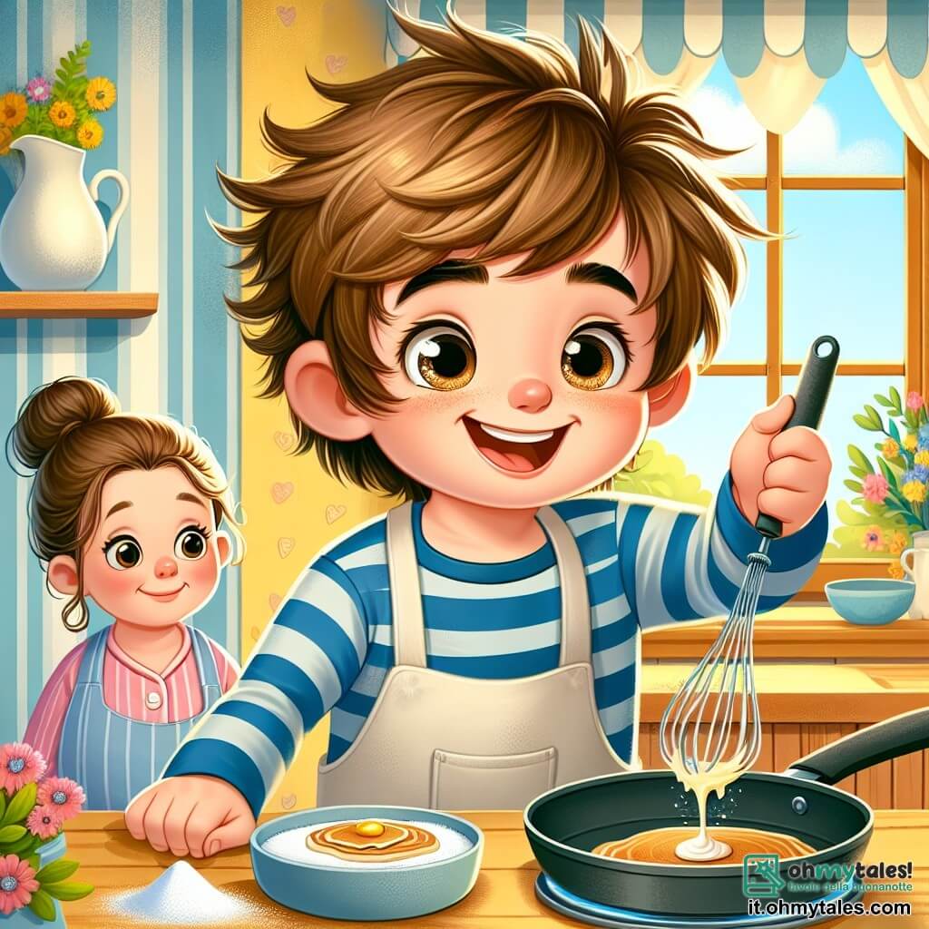 Un ragazzo di 6 anni, con i capelli castani in disordine e gli occhi scintillanti di gioia, si trova in una cucina luminosa. Indossa un pigiama a righe blu e un grande sorriso sul volto, mentre versa la pastella per pancake in una padella calda. Accanto a lui, sua madre, una donna di circa trent'anni con i capelli castani raccolti in uno chignon, lo osserva con orgoglio, tenendo una frusta in una mano e un sorriso incoraggiante sul volto. La cucina è accogliente, con muri gialli e finestre che lasciano entrare la luce del mattino, e un tavolo di legno decorato con un bel vaso di fiori colorati. In questa scena, il ragazzo sta preparando una sorpresa speciale per la festa del papà, creando un'atmosfera gioiosa e piena d'amore.