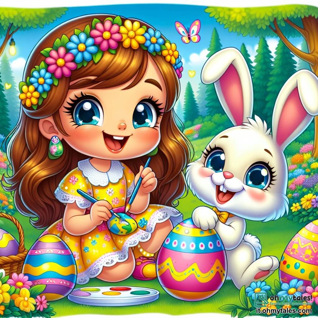 Una bambina di 6 anni, Sofia, con lunghi capelli castani e occhi brillanti di gioia, sta dipingendo uova di Pasqua colorate. Indossa un vestito giallo decorato con fiori multicolori e un grande sorriso illumina il suo viso, mostrando il suo entusiasmo. Accanto a lei, un coniglietto di Pasqua, un adorabile coniglio bianco con occhi blu brillanti e un naso rosa, sta decorando un uovo con strisce blu e gialle. Il decor è un giardino incantato, pieno di fiori vivaci e alberi verdi, dove uova di Pasqua colorate sono sparse sull'erba. La scena trasmette un'atmosfera gioiosa e festiva, con Sofia e il coniglietto che ridono insieme, circondati dall'eccitazione dei preparativi per la Pasqua.