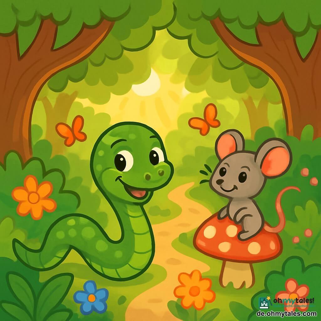 Ein kleiner grüner Schlange namens Schlängel mit glänzenden Schuppen und neugierigen Augen schlängelt fröhlich zwischen den Blättern. Er hat ein verspieltes Lächeln und scheint bereit für Abenteuer. Neben ihm sitzt eine kleine graue Maus namens Frau Maus mit großen Ohren und einem zappelnden Schwanz auf einem roten Fliegenpilz mit weißen Punkten und schaut Schlängel schelmisch an. Die Kulisse ist ein wunderschöner verzauberter Wald, voller knorriger Bäume, bunter Blumen, die im Wind tanzen, und Sonnenstrahlen, die durch das Laub brechen. Schlängel und Frau Maus bereiten sich darauf vor, gemeinsam das Geheimnis eines geheimen Pfades zu erkunden, umgeben von blühenden Büschen und schwirrenden Schmetterlingen, bereit, verborgene Wunder zu entdecken.