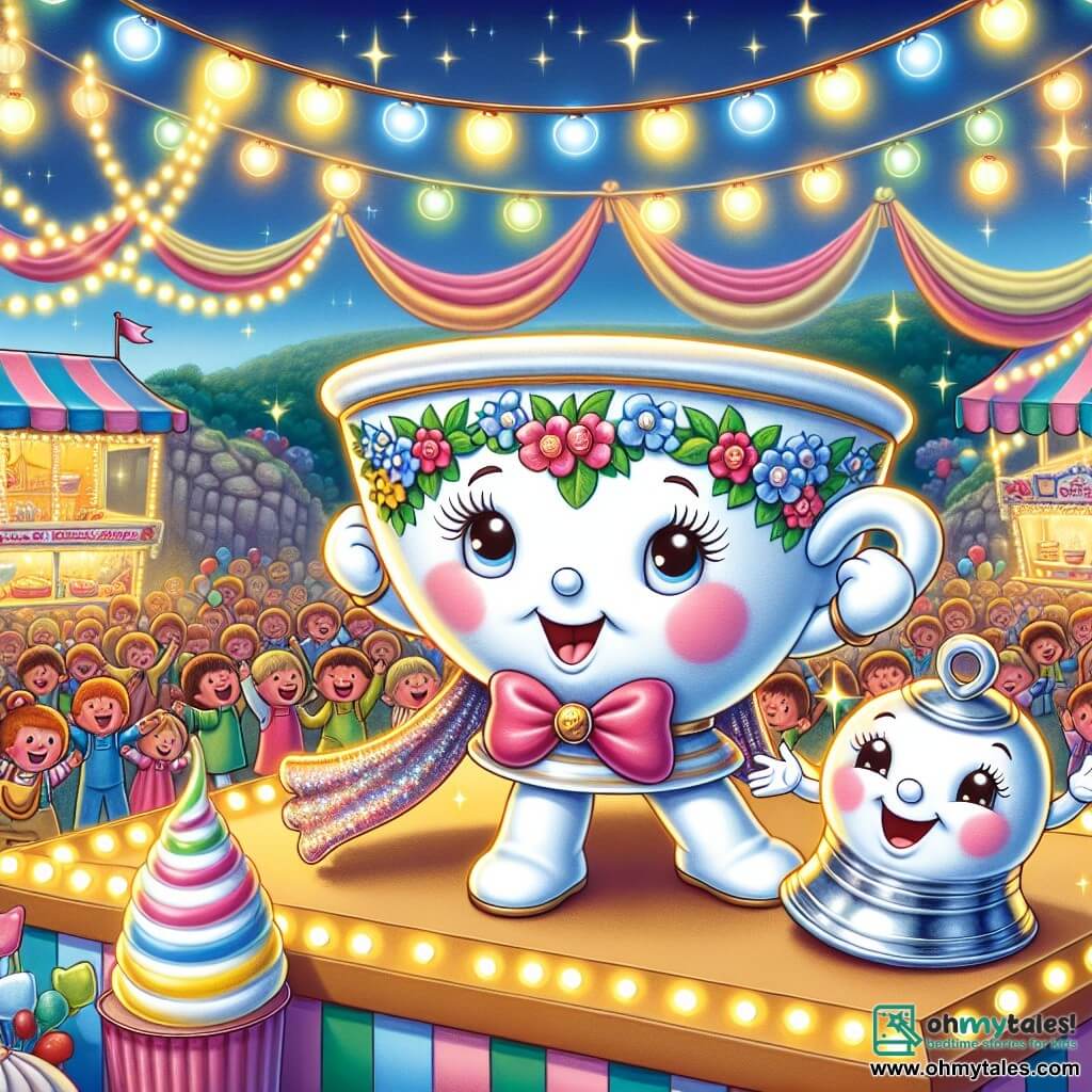 Tilly, a small white porcelain cup decorated with colorful flowers, stands on a carnival stage with her lid slightly open, displaying an expression of excitement and determination. Her handle is raised, ready to shine under the sparkling lights. Next to her, Benny, a cheerful little silver bell, jumps energetically, his eyes sparkling with joy. He emits joyful chimes, encouraging Tilly in her performance. The backdrop is a lively carnival scene, with colorful light garlands, sweet treat stalls, and balloons floating in the blue sky. Children laugh and dance around, creating a festive and warm atmosphere. Tilly is preparing to reveal her comet costume, her iridescent cape floating behind her, while Benny enthusiastically encourages her, ready to showcase their friendship under the stars.
