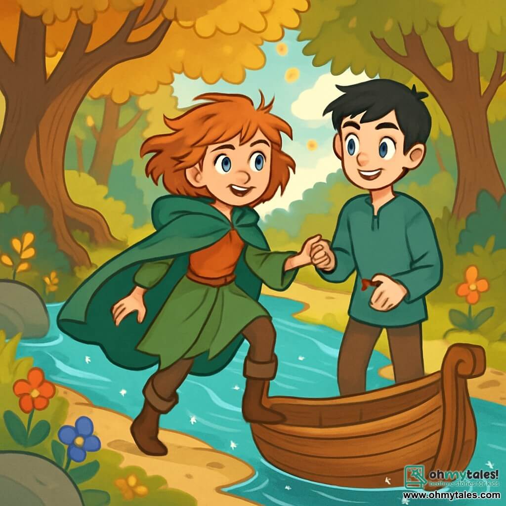 A 12-year-old girl, Elinor, stands at the edge of a sparkling river, her blue-gray eyes shining with excitement and determination. She has messy copper hair and wears an old green cloak that billows around her. She gazes in wonder at a carved wooden boat, ready to take her to the Isle of Dreams. Next to her, a 12-year-old boy, Finn, has raven-black hair and an encouraging smile. He holds Elinor's hand, ready to help her board, his eyes sparkling with adventure. The setting is an enchanted forest with majestic trees, gnarled trunks, and golden leaves shimmering in the sunlight. The bright blue river winds through smooth rocks and colorful flowers dancing in the breeze. The main scene shows Elinor and Finn about to board the boat, surrounded by the magical glow of nature, ready to face the mysteries of their journey to the Isle of Dreams.