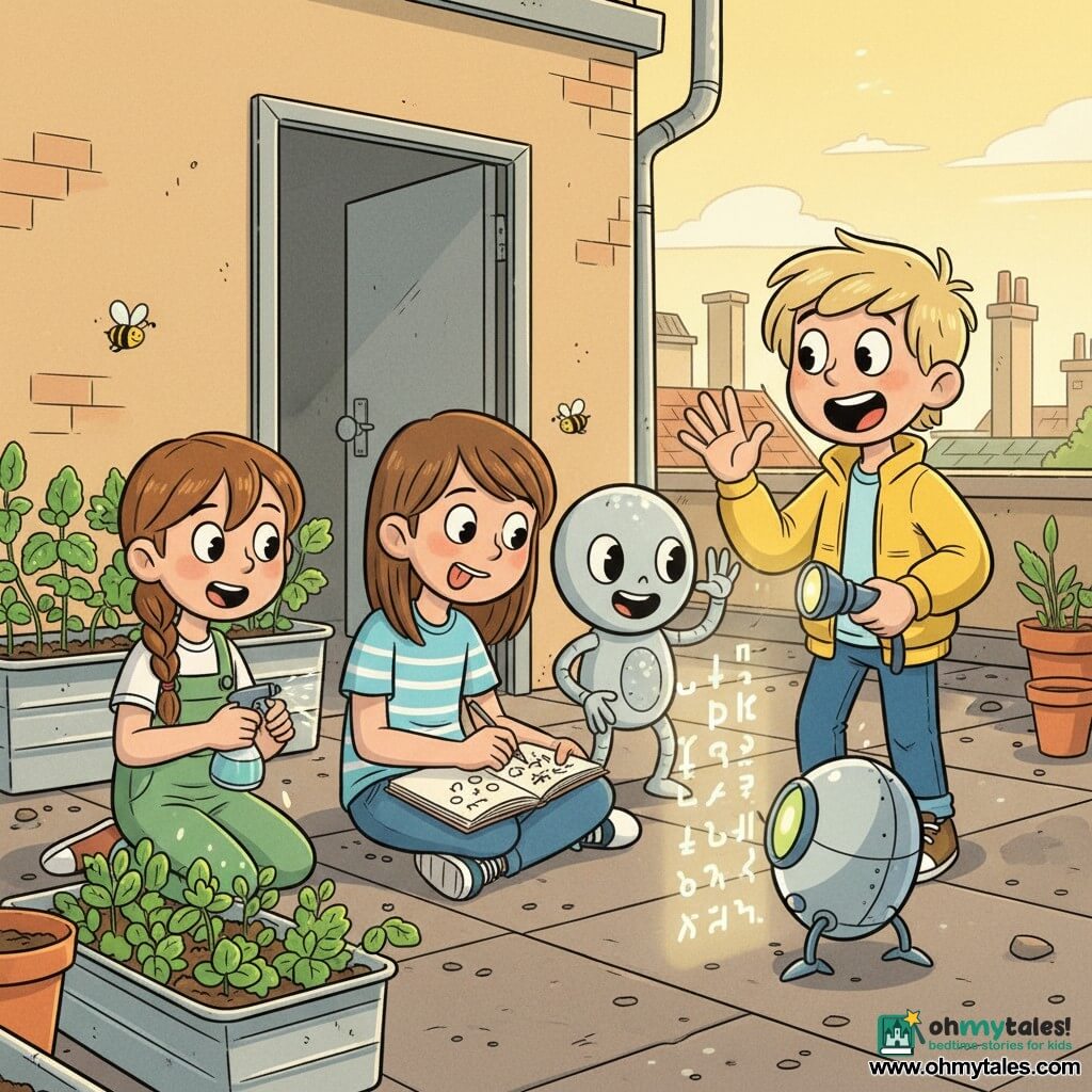 Five characters on a sunny urban rooftop in the afternoon: Maya, ~9, straight brown hair, light-blue striped tee, notebook in hand, sitting center-left writing symbols with a fine pencil; Leo, ~9, tousled blond hair, yellow jacket, holding a small flashlight, standing to Maya’s right with an amazed expression; Nina, ~9, braided hair, green overalls, kneeling left of Maya with a small spray bottle gently watering basil, mint and cherry tomatoes in metal planters; Pello, small alien, round body in a silver coat, smooth head with large black eyes and three long fingers, standing just behind Maya smiling and holding up fingers to count; Kipp, small egg-shaped silver-and-blue robot with three folded legs and a green lens, in front of Maya projecting columns of glowing counting symbols (una, dova, trin…) onto the rooftop. Warm, dynamic scene with joyful expressions, discovery gestures, sparkling water droplets, bees and scattered clay pots, bright mint greens, soft blues, yellows and silver in a retro cartoon style.