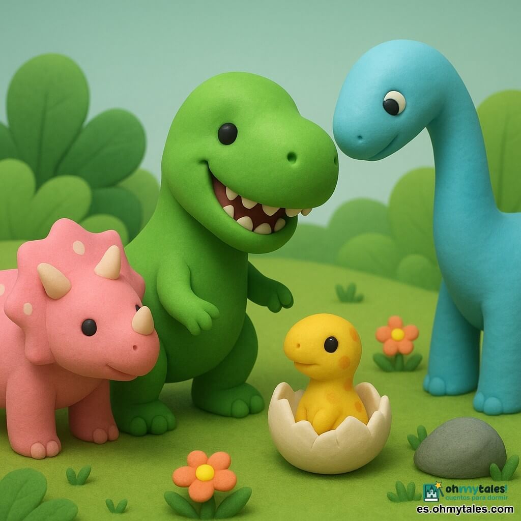 Tino, un Tyrannosaurus Rex, sonríe alegre; piel verde lisa y pequeñas garras redondas, inclina la cabeza y extiende un brazo hacia un huevo roto. Lila, una tricératops rosa pálido con un cuerno corto y manchas blancas, está a la izquierda y mira el huevo con ternura. Dino, un diplodocus azul claro de largo cuello, está detrás, curioso con la cabeza inclinada. El bebé salido del huevo es diminuto, amarillo manchado y aún húmedo, sentado entre Tino y Lila mirando al cielo. La escena ocurre en un claro con hierba verde, grandes hojas, flores y una piedra gris junto al huevo; luz suave, colores pastel y texturas lisas de plastilina visibles. Amigos reunidos alrededor del huevo recién nacido en un recibimiento tierno y juego colectivo.