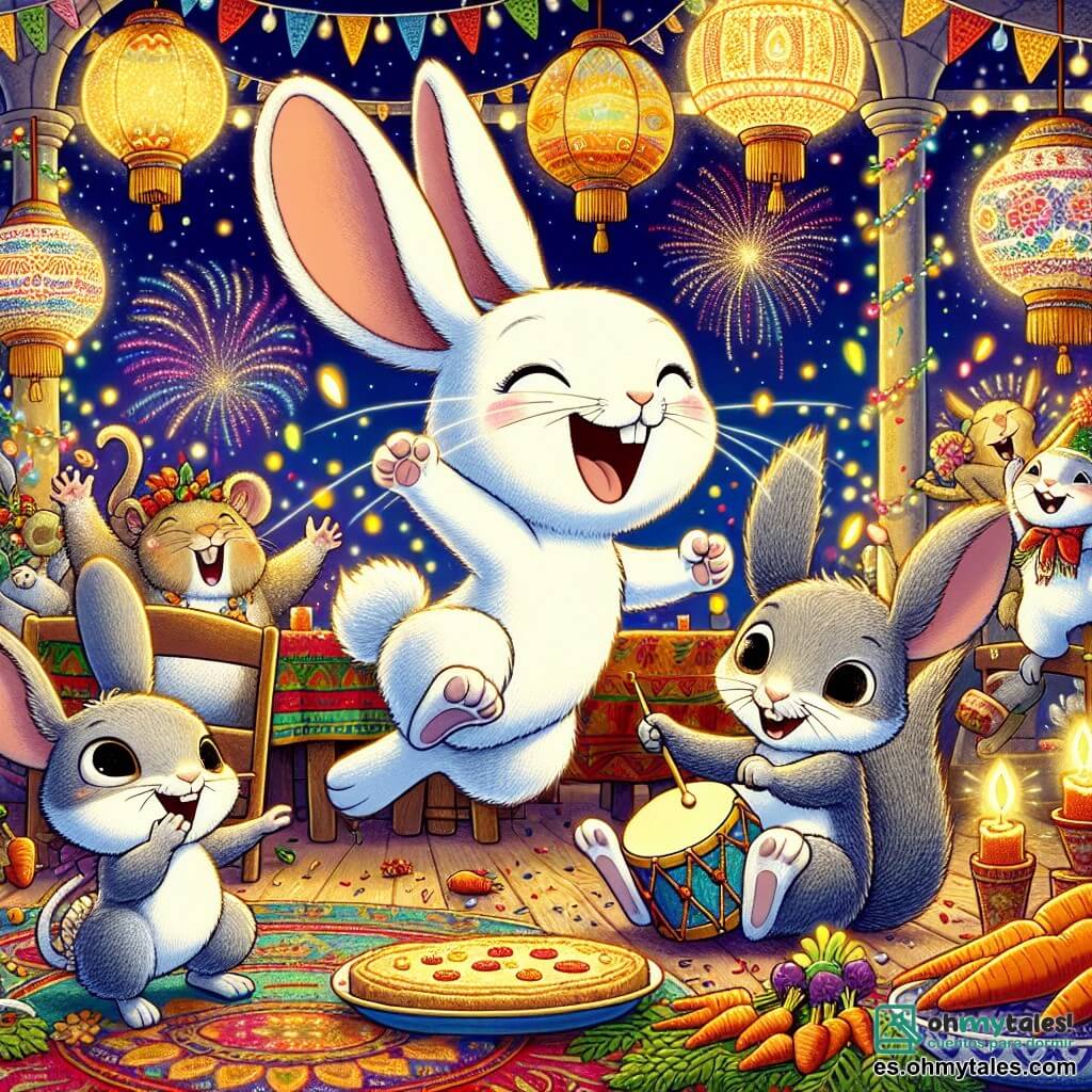 Rabo, un pequeño conejo de grandes orejas y suave pelaje blanco, salta de alegría en el centro de la escena, sonriendo, rodeado de guirnaldas coloridas y luces brillantes. A su lado, Miguelito, un pequeño ratón de pelaje gris y ojos chispeantes, toca alegremente un tambor, con una expresión llena de emoción. Un poco más lejos, Sofía, una adorable ardilla con una cola esponjosa y ojos brillantes, sostiene un plato de pasteles de zanahoria, riendo con felicidad. La escena tiene lugar en la acogedora casa de la mamá de Rabo, decorada con farolillos coloridos y guirnaldas de hojas verdes, con una gran mesa llena de deliciosas golosinas. Al fondo, fuegos artificiales iluminan el cielo nocturno, añadiendo un toque mágico a la atmósfera festiva. La situación principal muestra a Rabo y sus amigos celebrando juntos el Año Nuevo, bailando y riendo, llenos de alegría y entusiasmo, listos para recibir un nuevo año lleno de aventuras.