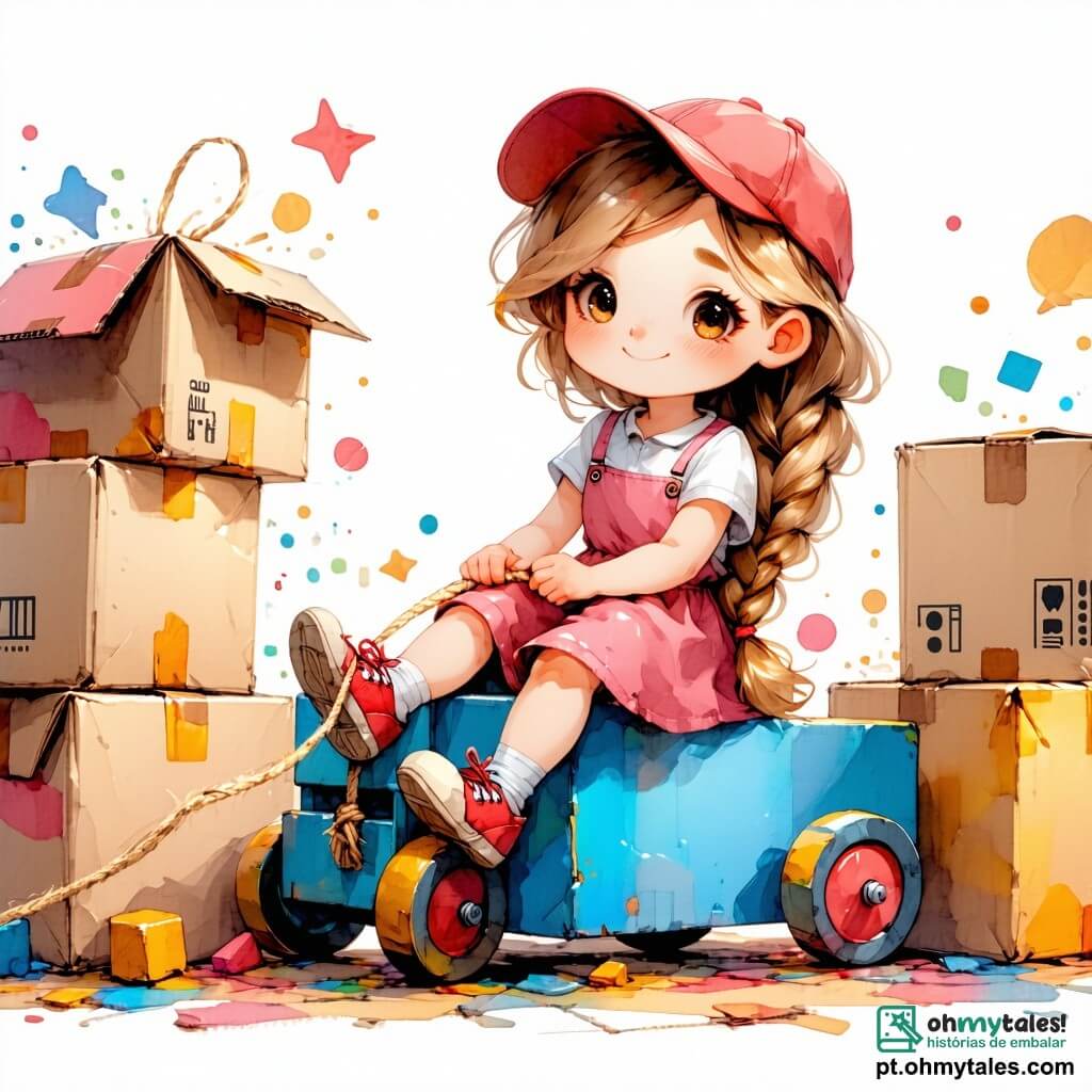 Uma menina de 6 anos, chamada Lila, com longos cabelos cacheados e olhos brilhantes, está sentada em sua máquina colorida feita de caixas de papelão, com um grande sorriso no rosto, cheia de empolgação. Ao lado dela, Max, um garoto de 6 anos com cabelos loiros bagunçados e um boné vermelho, segura uma corda com determinação, pronto para ajudar. Sofia, uma menina de 6 anos com cabelos castanhos trançados, está em pé ao lado, apontando para um lindo lago cintilante, com os olhos brilhando de admiração. Leo, um garoto de 6 anos com óculos e sardas, está sentado no chão, cercado de lanches, rindo alegremente. A cena acontece em uma floresta encantada, com árvores majestosas e folhas verdes vibrantes, e flores coloridas ao longo do caminho. Ao fundo, um lago brilhante reflete o céu azul, enquanto pássaros coloridos voam ao redor. A situação principal mostra Lila e seus amigos explorando, prontos para viver uma aventura incrível, com expressões de alegria e entusiasmo em seus rostos, cercados pela beleza da natureza.
