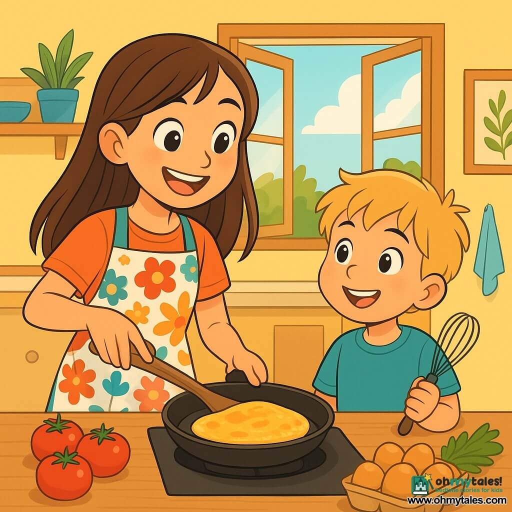 A 10-year-old girl with long brown hair and sparkling eyes stands in a sunny kitchen, smiling and full of excitement. She wears a colorful apron with floral patterns and holds a wooden spatula, ready to flip a golden omelet in a pan. Beside her, her 6-year-old little brother with messy blonde hair and round cheeks watches in admiration, holding a whisk in his small hands. The bright kitchen has pastel yellow walls, a welcoming wooden table, and open windows letting in sunlight and the scent of fresh herbs. Colorful ingredients are spread out on the table: red tomatoes, shiny eggs, and a bunch of green herbs. The main scene shows the girl and her brother preparing a surprise breakfast for their father, filled with enthusiasm and love, creating a magical moment in their warm home.