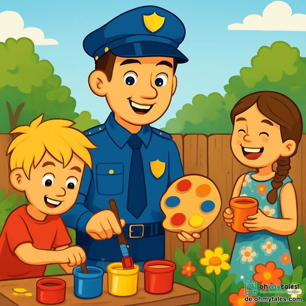 Ein lächelnder und wohlwollender Polizist namens Tom trägt eine blaue Uniform mit einer Mütze. Er hat braunes Haar und neugierige, funkelnde Augen. Tom steht in einem sonnigen Garten, hält in einer Hand einen Pinsel und in der anderen eine Palette mit lebhaften Farben, bereit, einen alten Holzgarten zu malen. Neben ihm steht ein etwa 10-jähriger Junge namens Max mit zerzausten blonden Haaren und einem roten T-Shirt, der bunte Farbtopf auf einem Tisch mischt. Ein weiteres Kind, ein 9-jähriges Mädchen namens Lisa mit geflochtenen braunen Haaren und einem Blumenkleid, steht etwas weiter weg, lacht und hält einen Farbtopf. Der Garten ist voller bunter Blumen, mit einem hellblauen Himmel und grünen Bäumen im Hintergrund. Der alte Holzgarten, der einen frischen Anstrich braucht, ist von Kinderlachen und einer fröhlichen Atmosphäre umgeben. Die Hauptsituation zeigt Tom und die Kinder, die gemeinsam den Garten malen und eine Atmosphäre von Kameradschaft und Kreativität schaffen, während sie die Idee des gemeinsamen Arbeitens zur Verschönerung ihrer Gemeinschaft stärken.